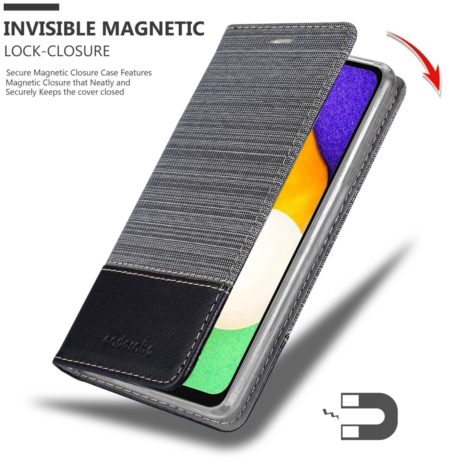 Schwarz-graue Handyhülle mit Telefon und Magnetverschluss.