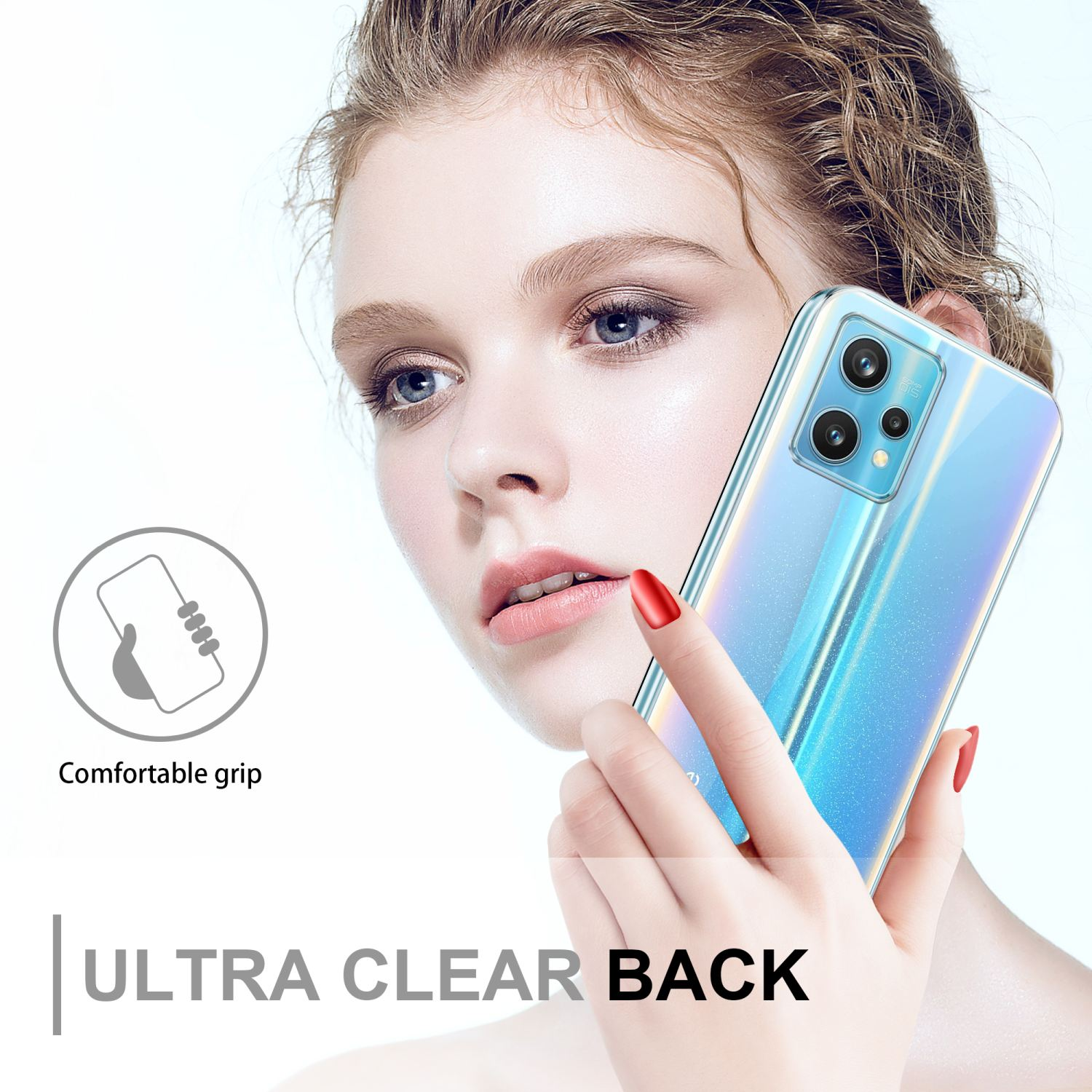 Una donna che tiene un telefono con una custodia trasparente. Il telefono ha un retro colorato.