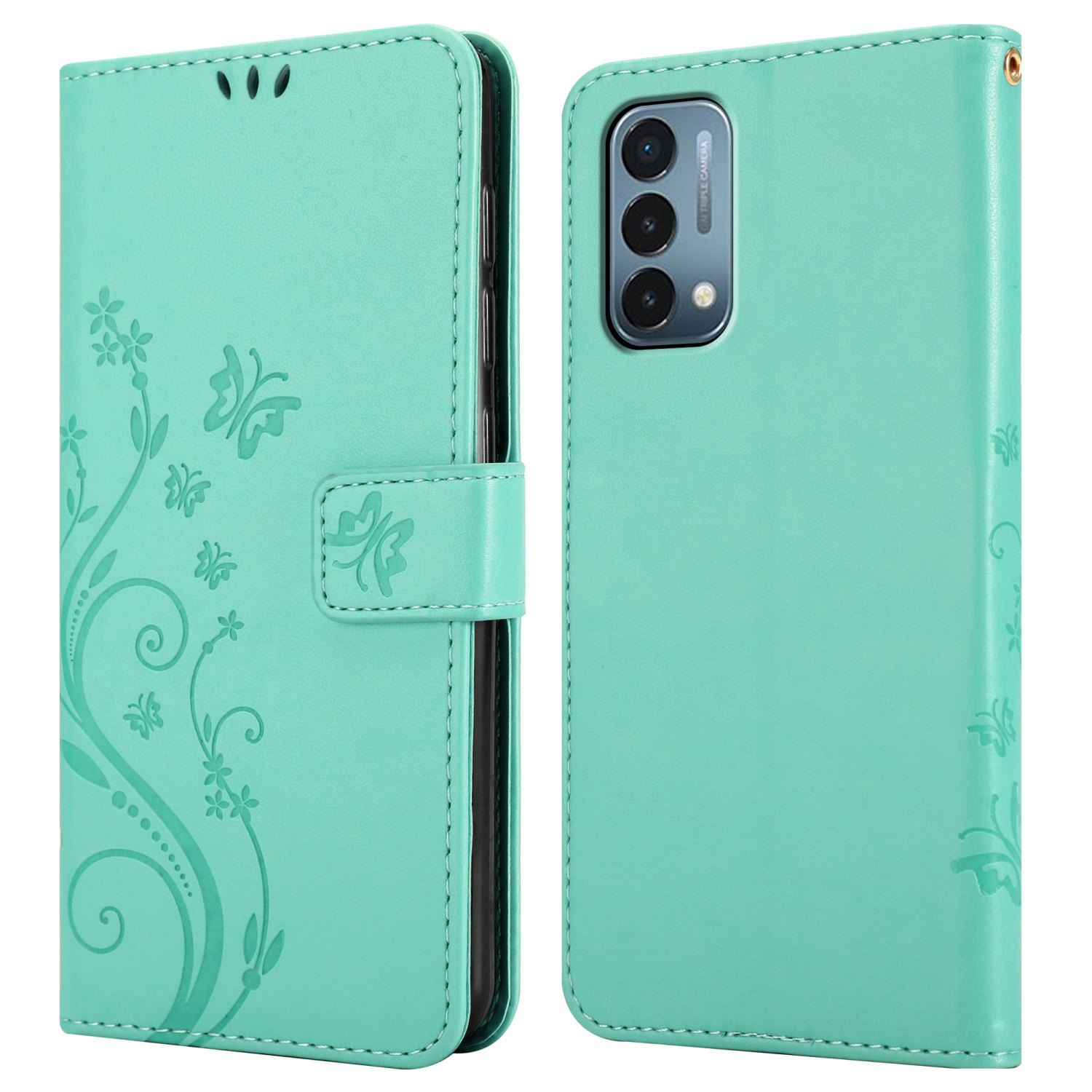 Custodia per telefono verde acqua con design floreale. Aperta, con motivo a farfalle e rami.