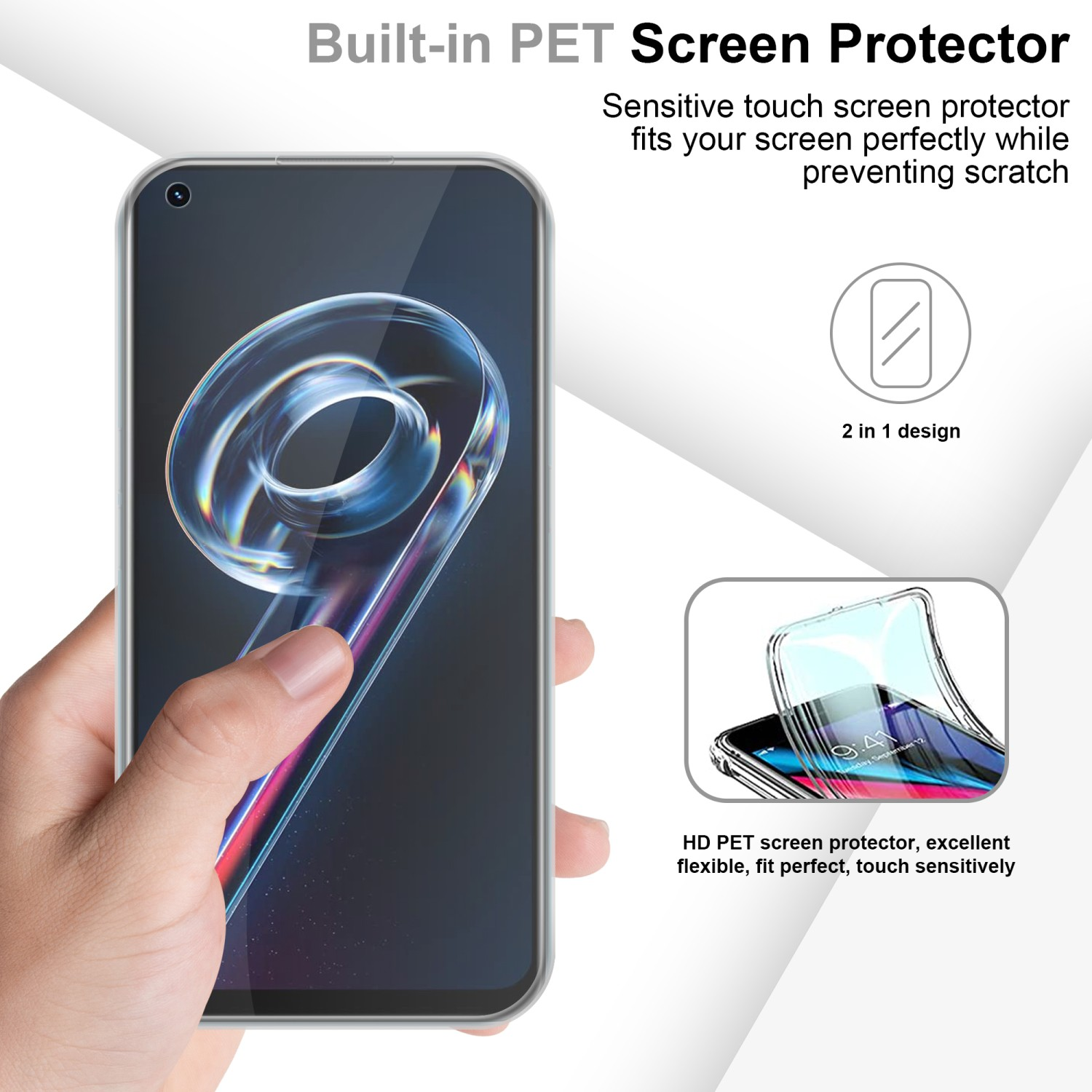 Telefono con protezione schermo, mano che tiene, con testo: Protezione schermo PET integrata.