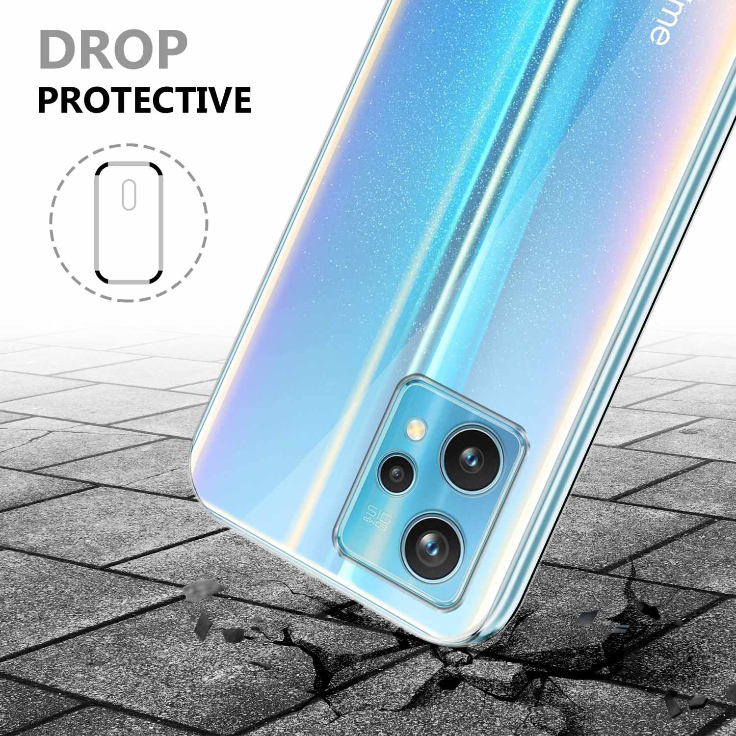 Custodia per telefono con un telefono. Il testo recita 'Drop Protective'.