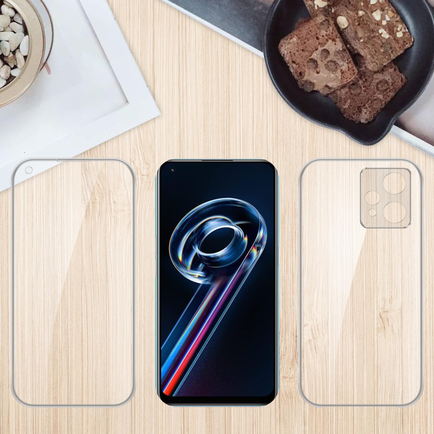 Un telefono con protezioni schermo e accessori su un tavolo di legno, con cibo sullo sfondo.