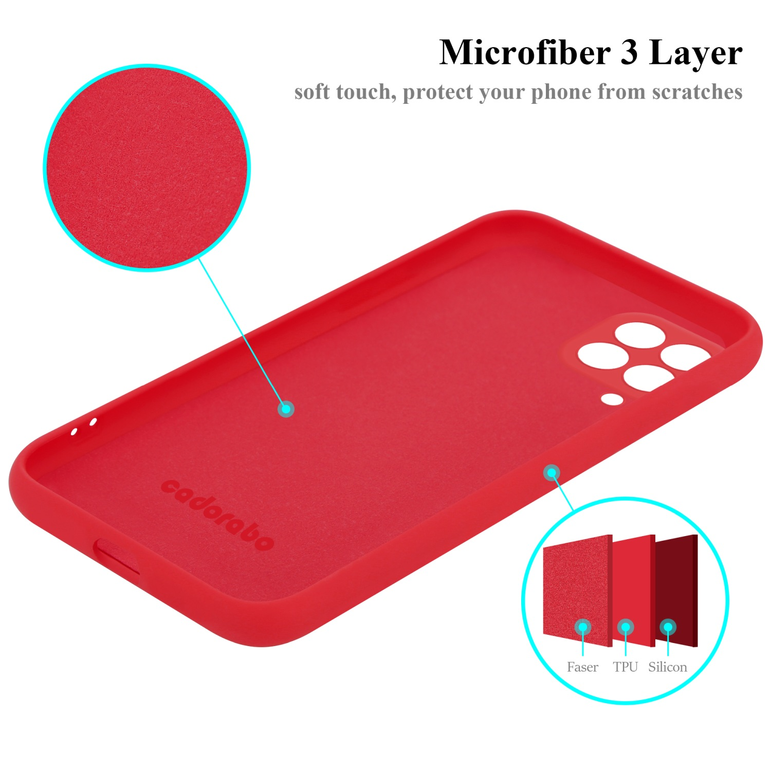Rotes Handyhülleninnere mit 3-lagiger Mikrofaser. Detaillierte Ansicht der Schichten.