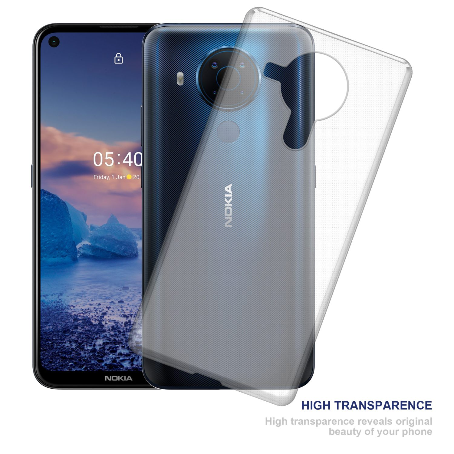 Ein Telefon mit einer transparenten Hülle. Das Telefon befindet sich auf weißem Hintergrund. Das Telefon ist schwarz.