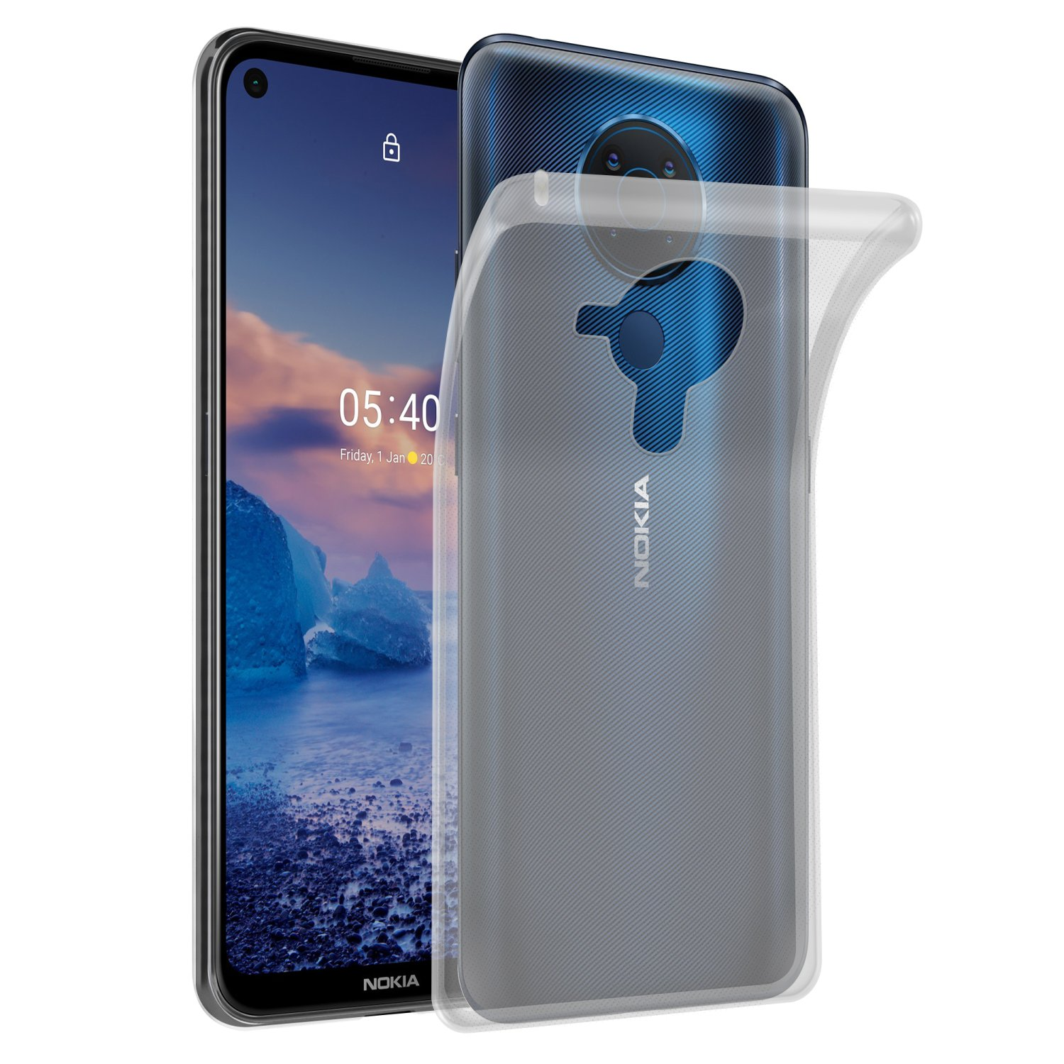 Nokia-Telefon mit transparenter Hülle. Der Bildschirm zeigt die Uhrzeit an. Klare Hülle hinten.