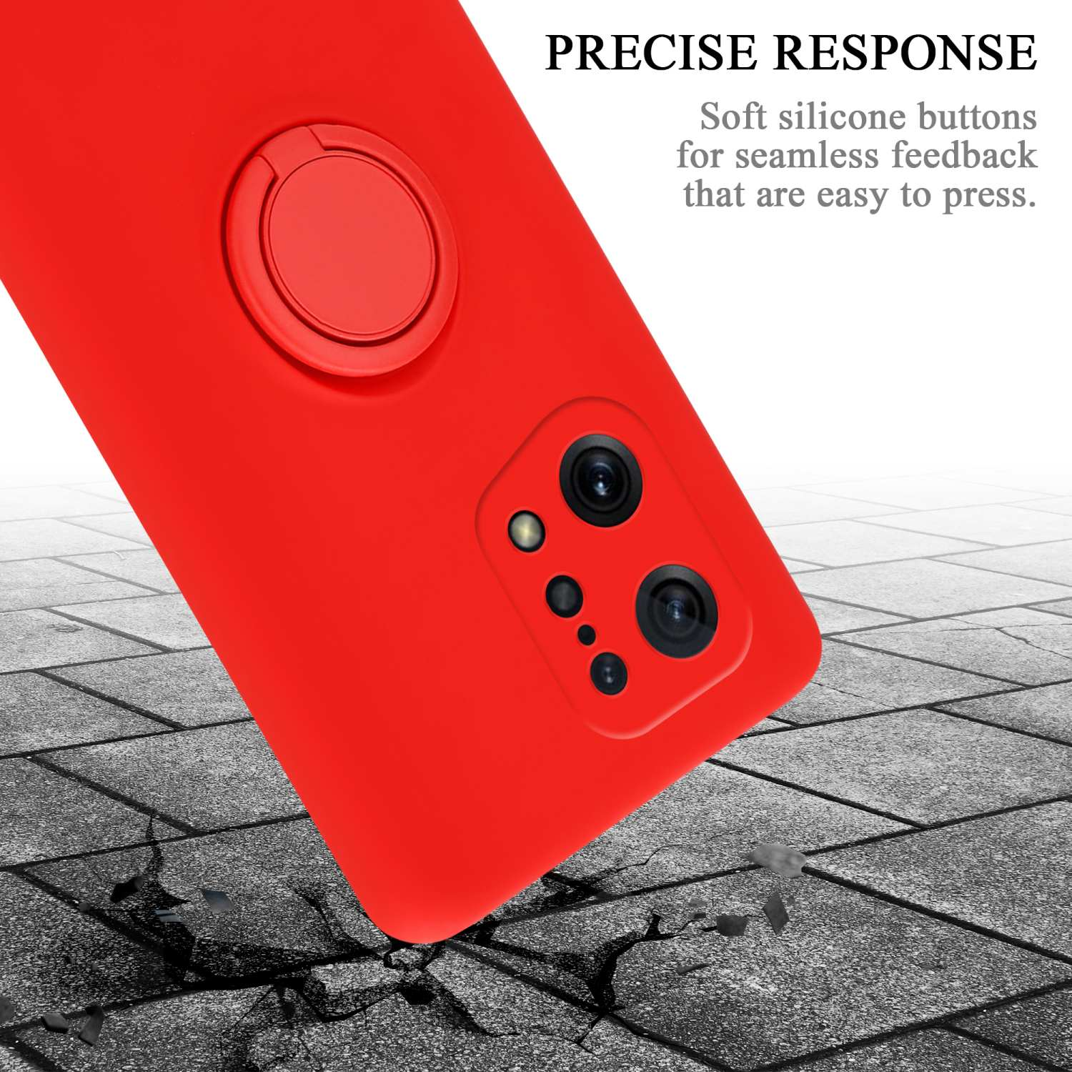 Funda roja para teléfono con soporte de anillo sobre superficie gris texturizada. Hay escombros.