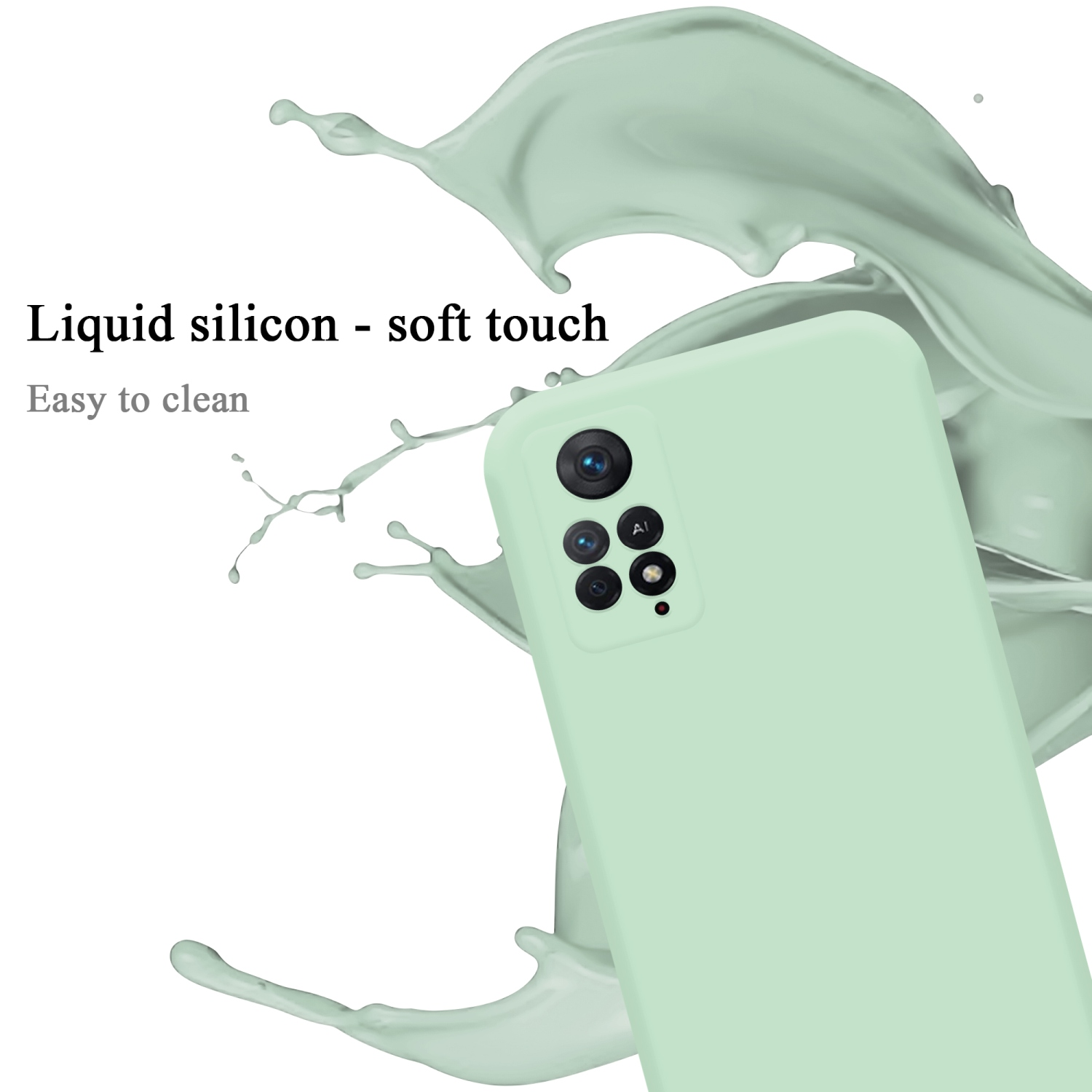 Eine hellgrüne Handyhülle mit einem Telefon. Text: Liquid silicon - soft touch ist sichtbar.