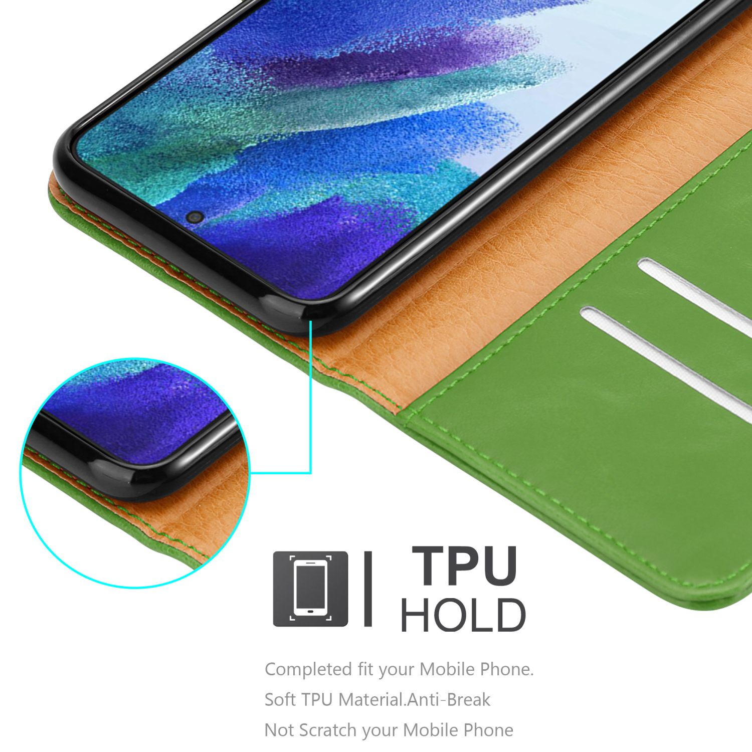 Grüne Handyhülle mit Telefon. Text: 'TPU HOLD' und Beschreibung.