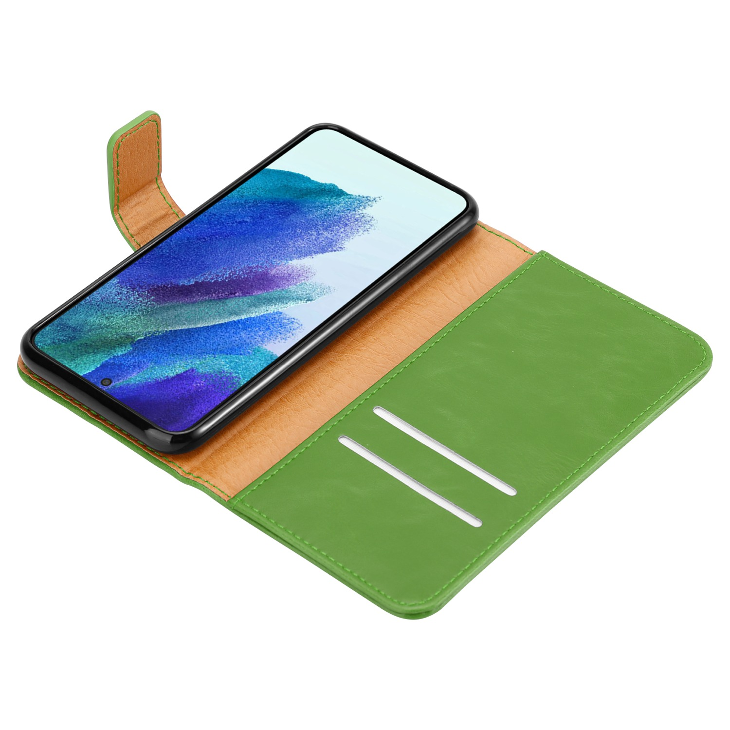 Grüne Handyhülle mit Handy, mit zwei Kartenfächern. Text: Hochwertige Materialien.