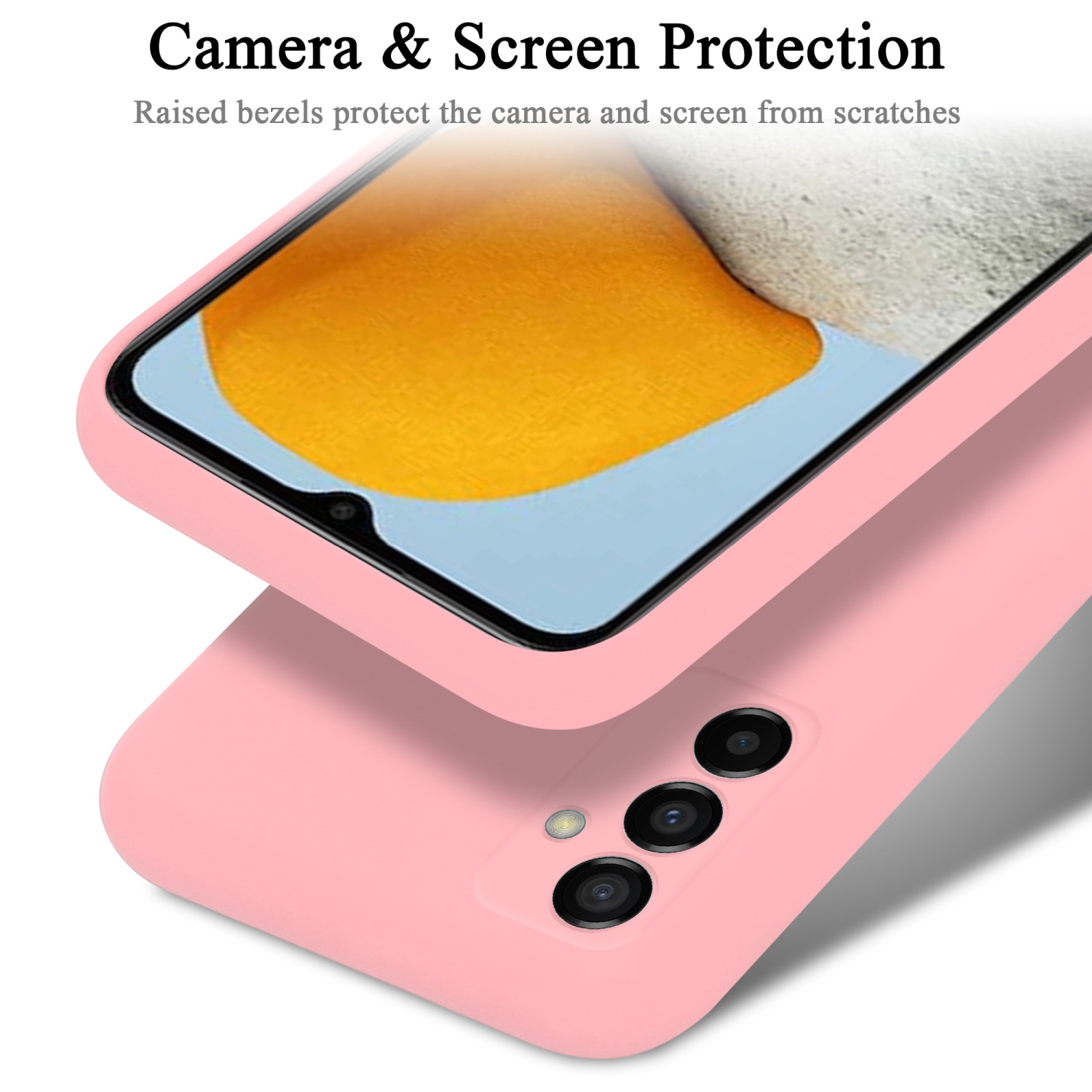 Custodia per telefono rosa e telefono con tre fotocamere. Il testo dice: Protezione fotocamera e schermo.