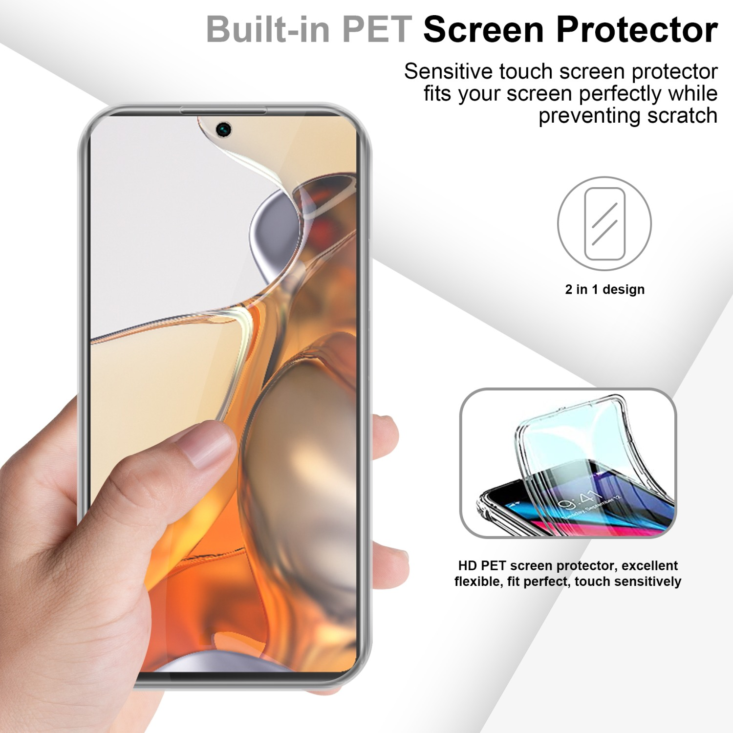 Hand hält Telefon mit Displayschutz. Diagramm zeigt die Anwendung des Schutzes.