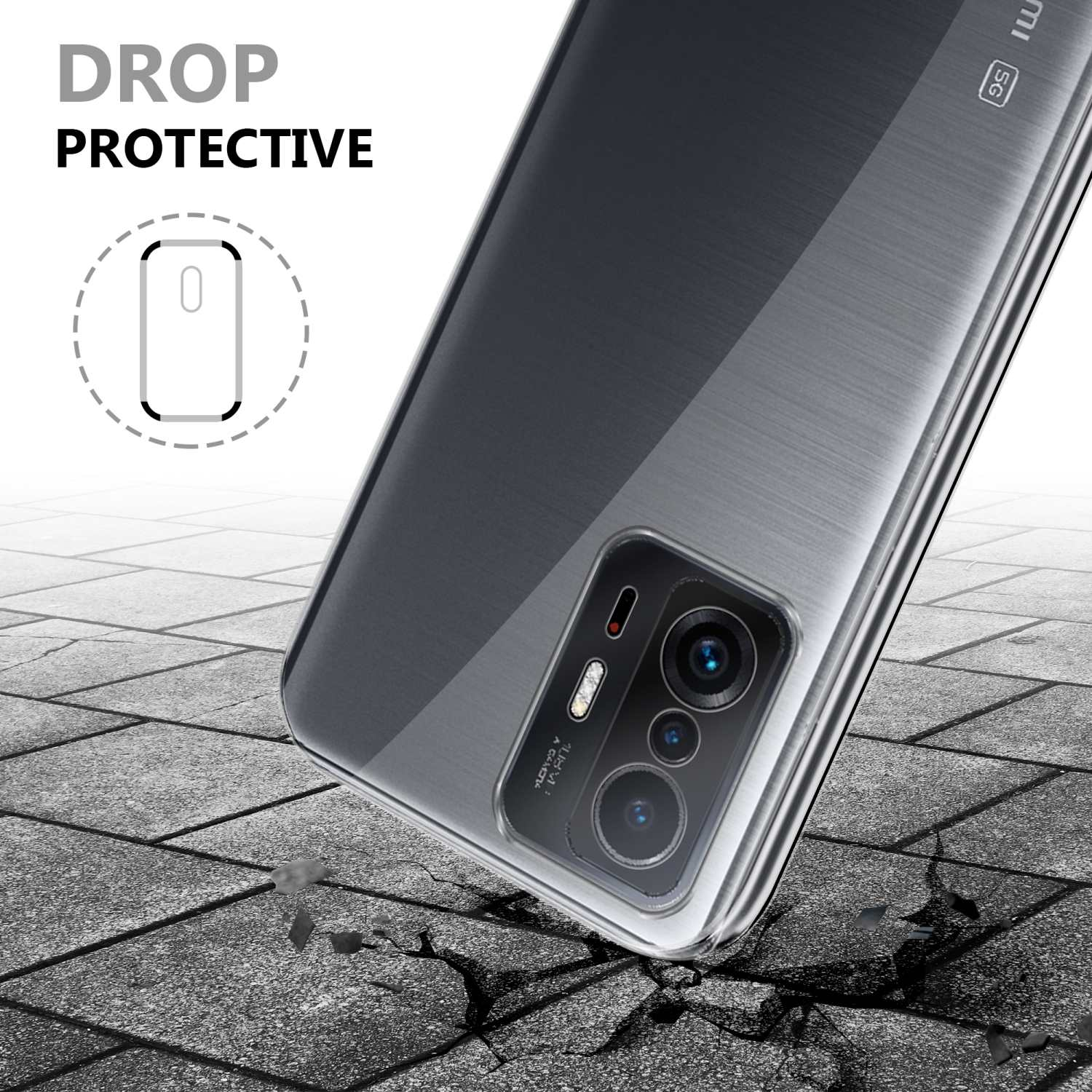 Handyhülle, transparente Abdeckung. Das Telefon befindet sich auf einer zerbrochenen Oberfläche. Drop-Schutz-Design.