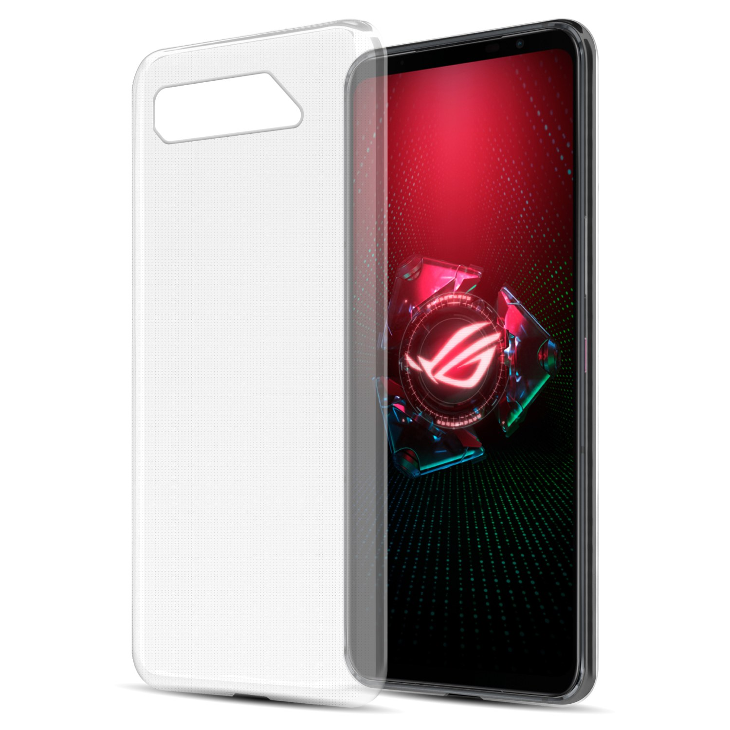 Custodia trasparente per telefono con il telefono all'interno, con sfondo rosso e logo.