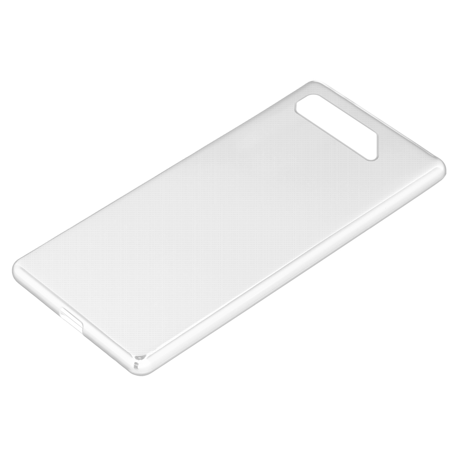 Custodia trasparente per telefono. Sfondo bianco.