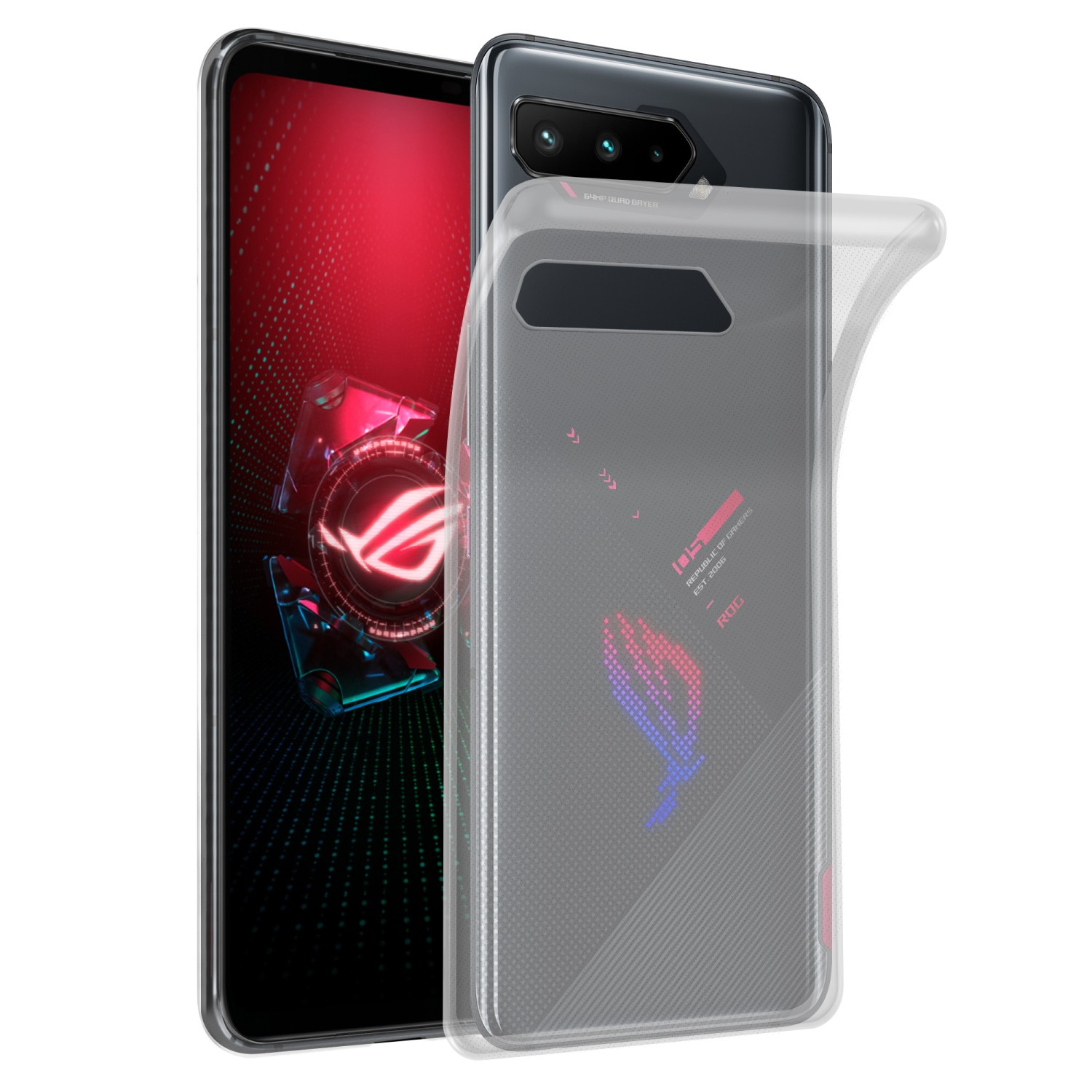 Un telefono con una custodia trasparente. Il telefono è rosso e ha il logo ROG, con uno sfondo rosso.