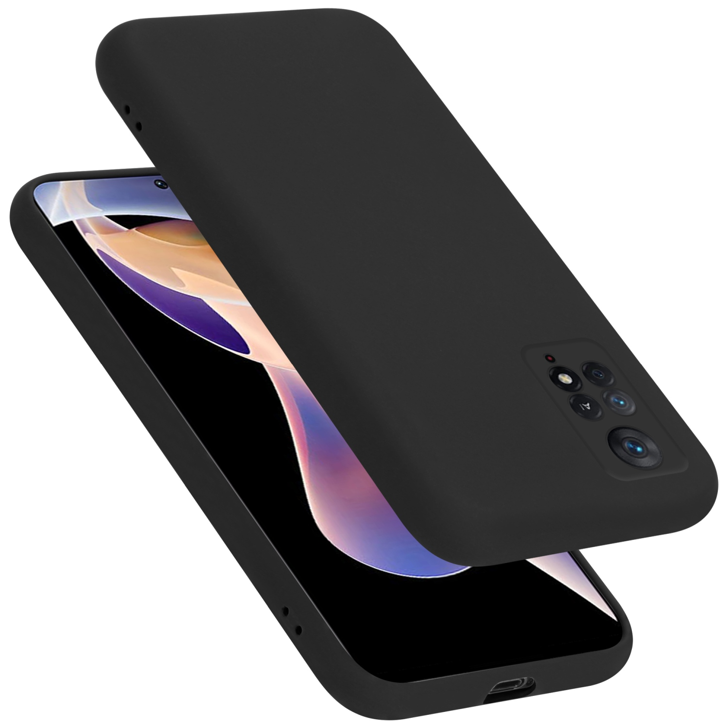 Schwarze Handyhülle mit einem Telefon darin.