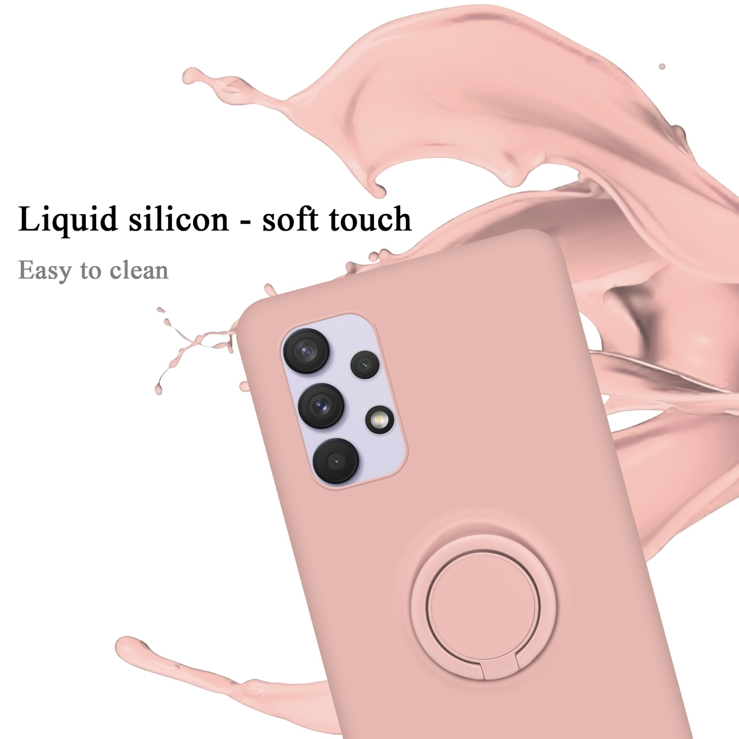 Una custodia per telefono rosa con un supporto ad anello e uno spruzzo di liquido rosa dietro, su sfondo bianco.