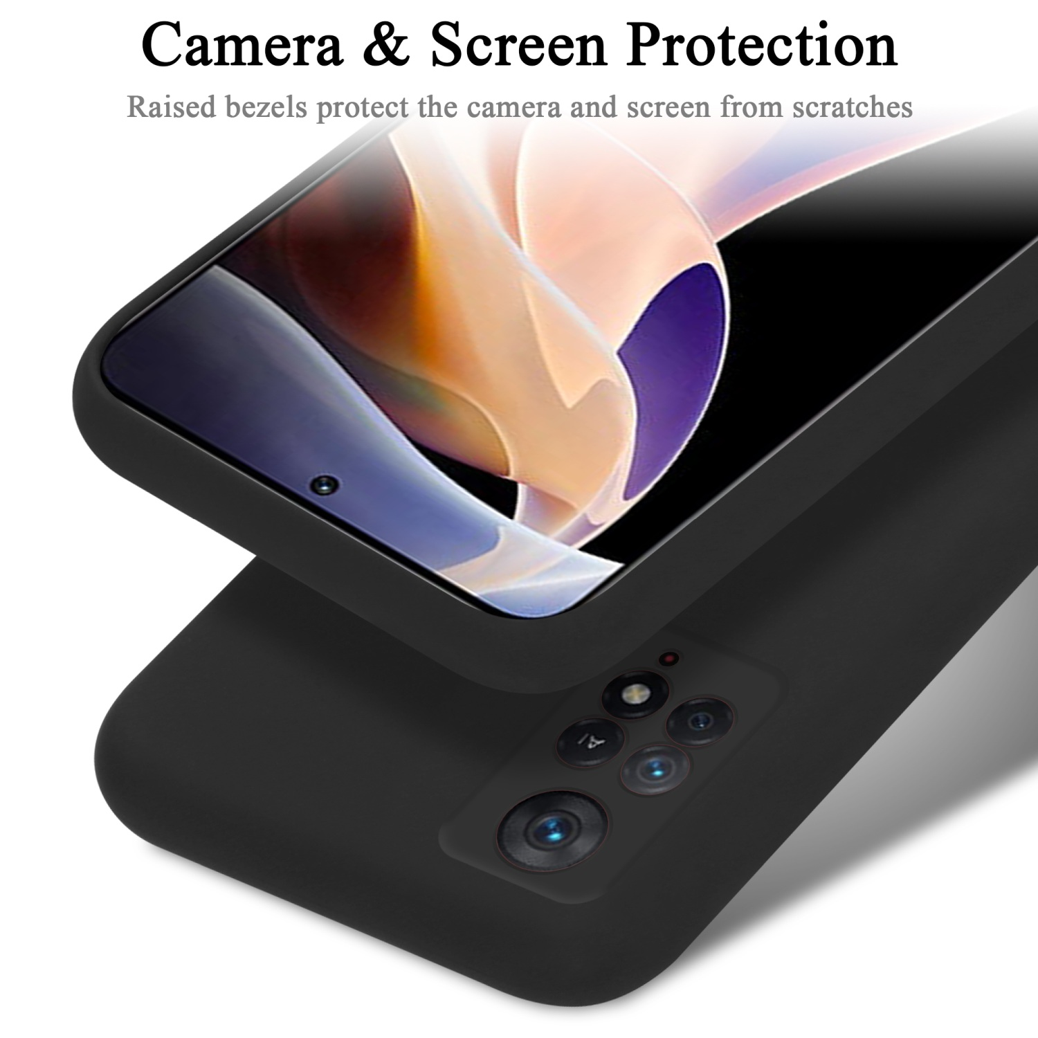 Eine schwarze Handyhülle mit einem schwarzen Telefon darin, das den Kamera- und Bildschirmschutz zeigt.