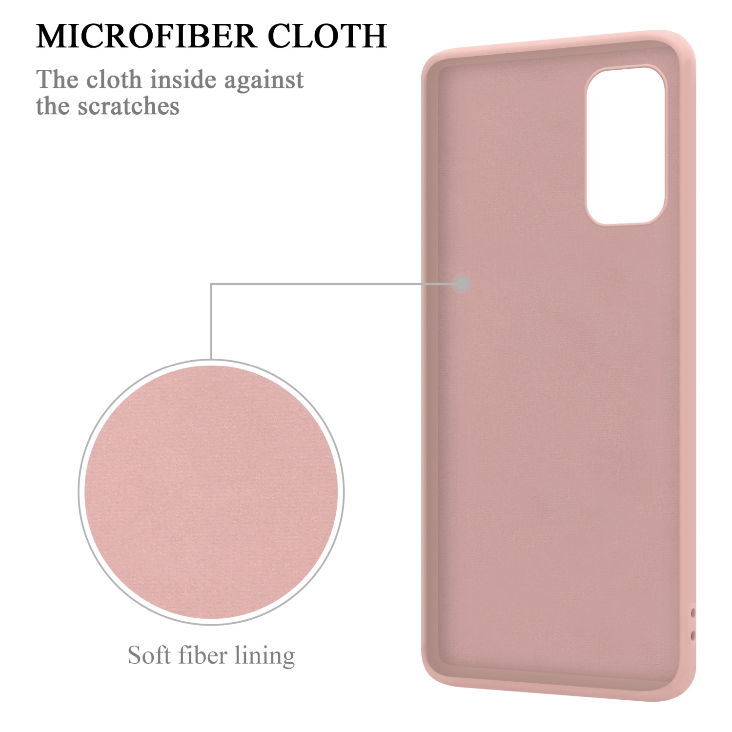 Interno della custodia del telefono con panno in microfibra rosa. Testo: panno in microfibra, il panno interno contro i graffi.