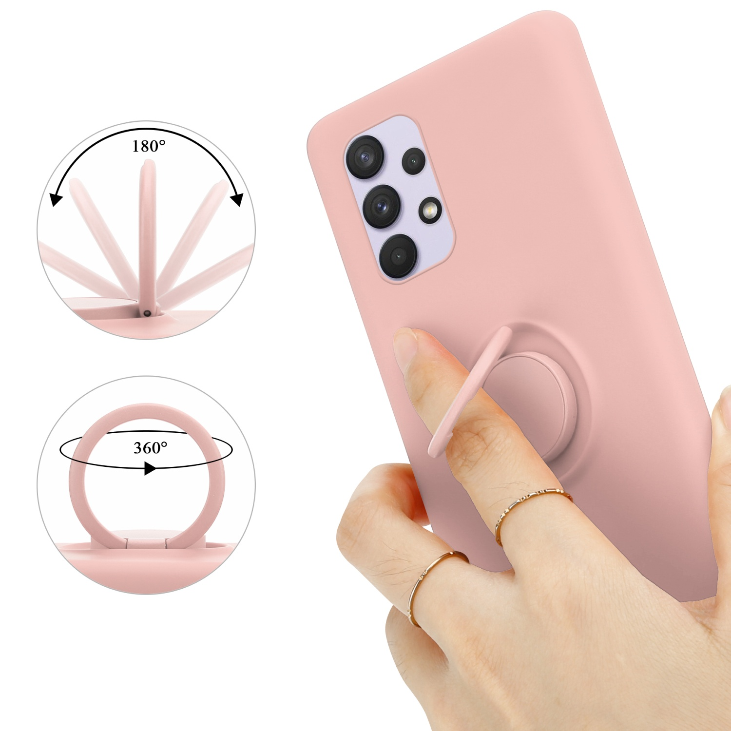 Custodia rosa con anello. Mano che tiene l'anello. Cerchio mostra rotazioni di 360 e 180 gradi.
