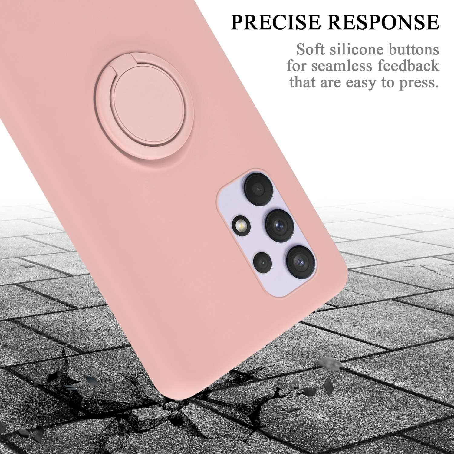 Custodia rosa con telefono. Testo: Risposta precisa, Pulsanti in silicone morbido, facili da premere.
