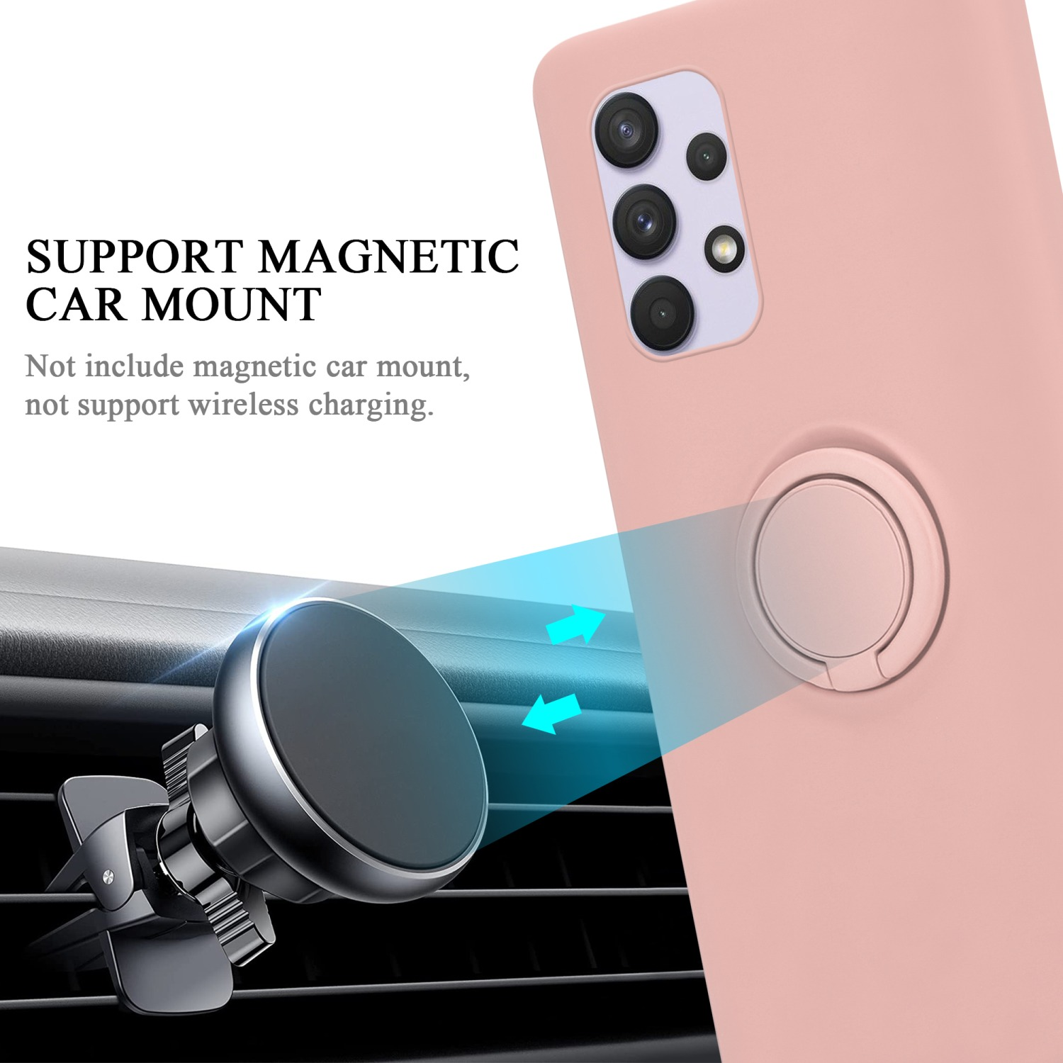 Custodia per telefono rosa con supporto magnetico per auto. Le frecce mostrano l'attacco magnetico.
