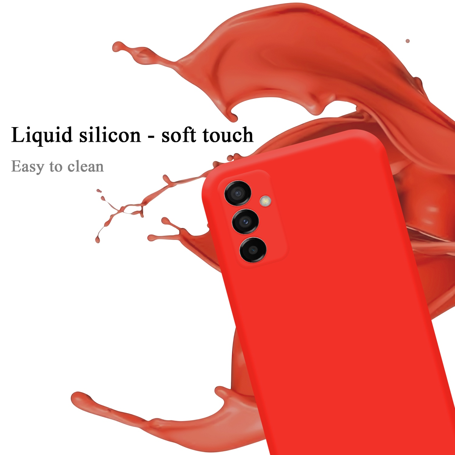 Custodia rossa per telefono con un telefono all'interno. Schizzo di liquido rosso sullo sfondo.
