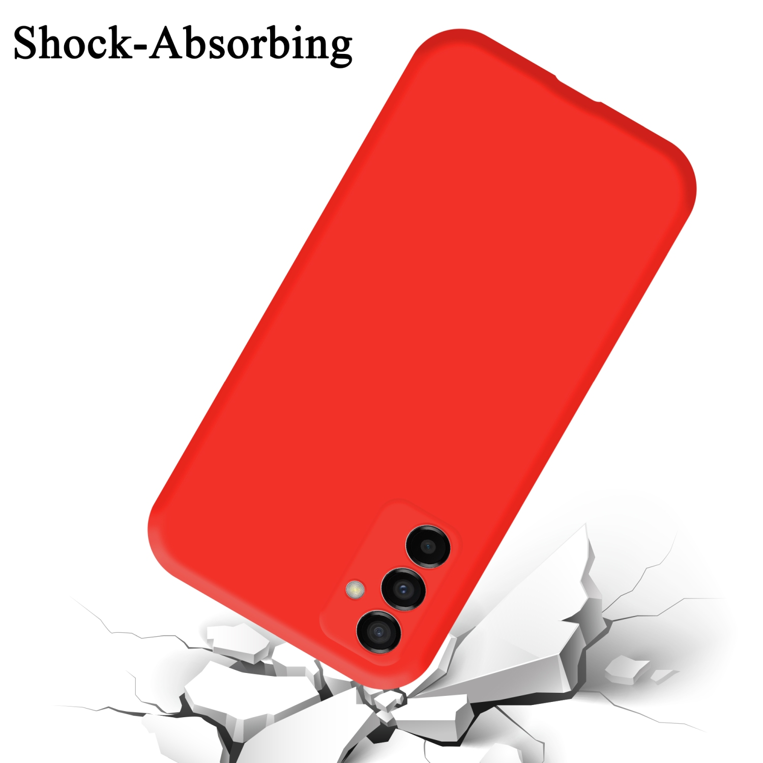 Custodia rossa inclinata, lato anteriore in su, terreno crepato sotto. Testo: 'Shock-Absorbing'.