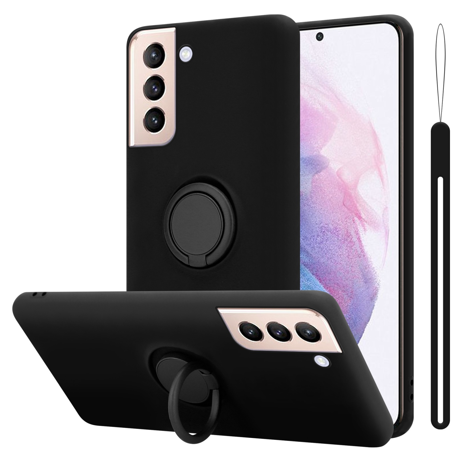 Schwarze Telefonhüllen mit Ring. Telefon ist teilweise sichtbar. Weißer Hintergrund.