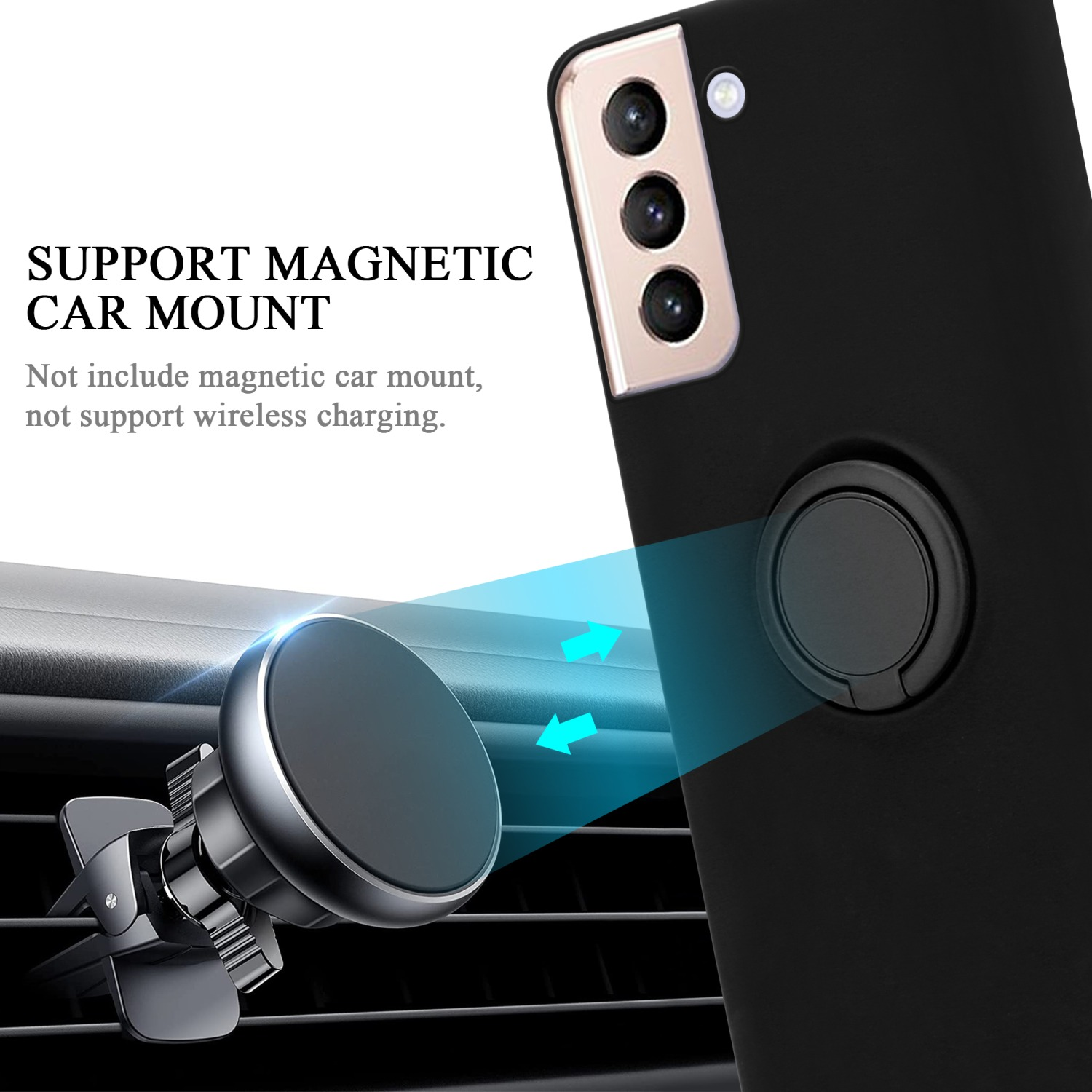 Schwarze Handyhülle mit magnetischer Autohalterung. Telefon befestigt. Magnetische Autohalterung ist im Bild.