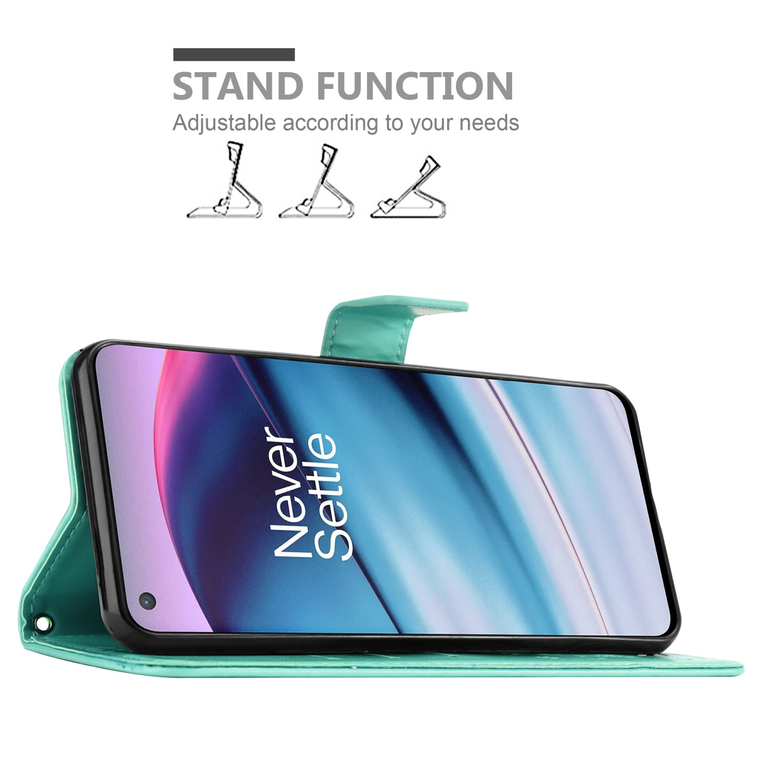 Custodia per telefono verde acqua aperta con telefono all'interno, funzione supporto. Lo schermo dice Never Settle.