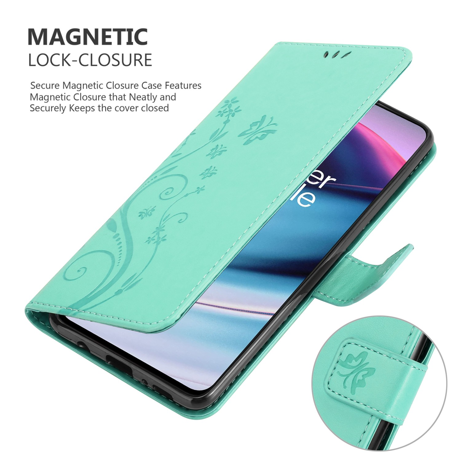Una custodia per telefono verde acqua con design floreale, aperta per rivelare un telefono. La custodia si chiude con un blocco magnetico.