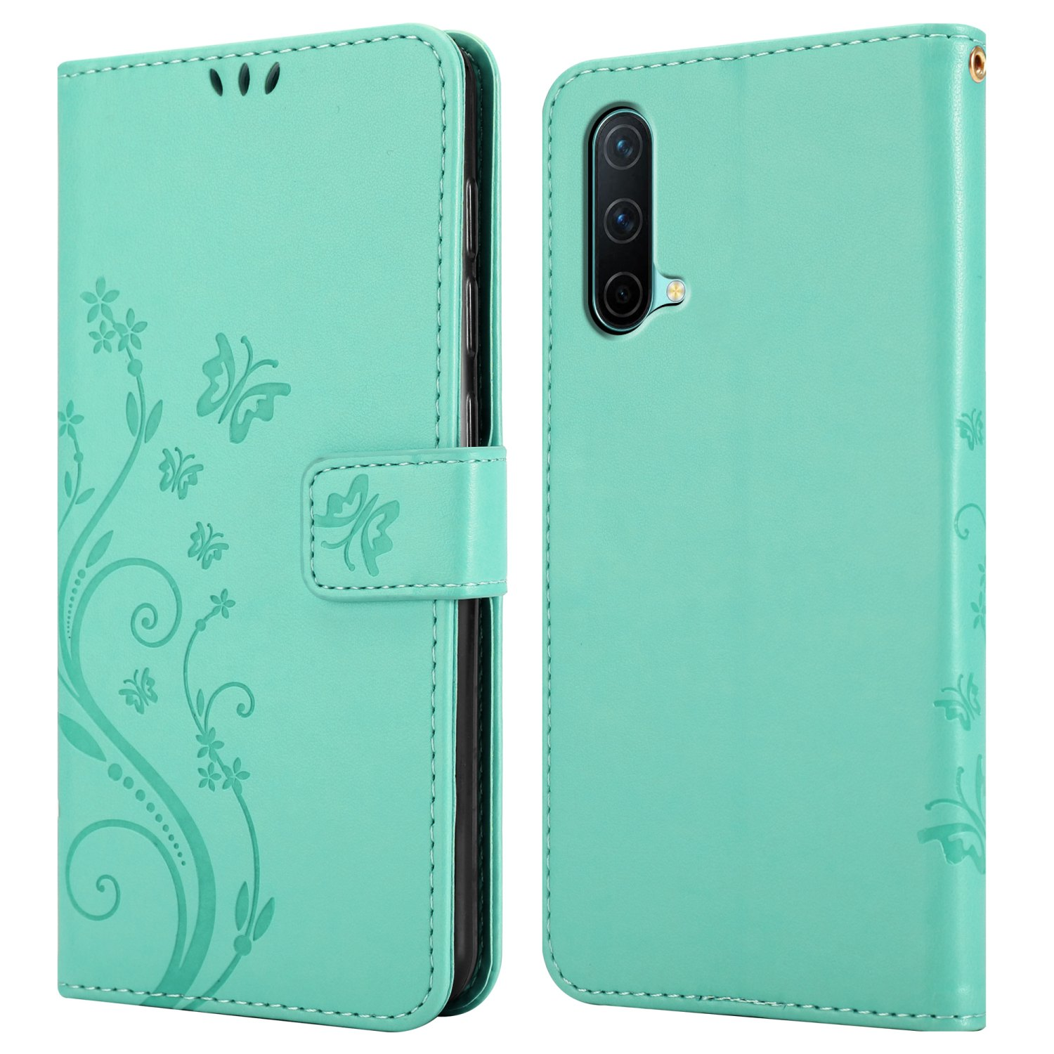 Custodia verde menta aperta. Telefono visibile. Custodia con design floreale e chiusura con fermaglio.