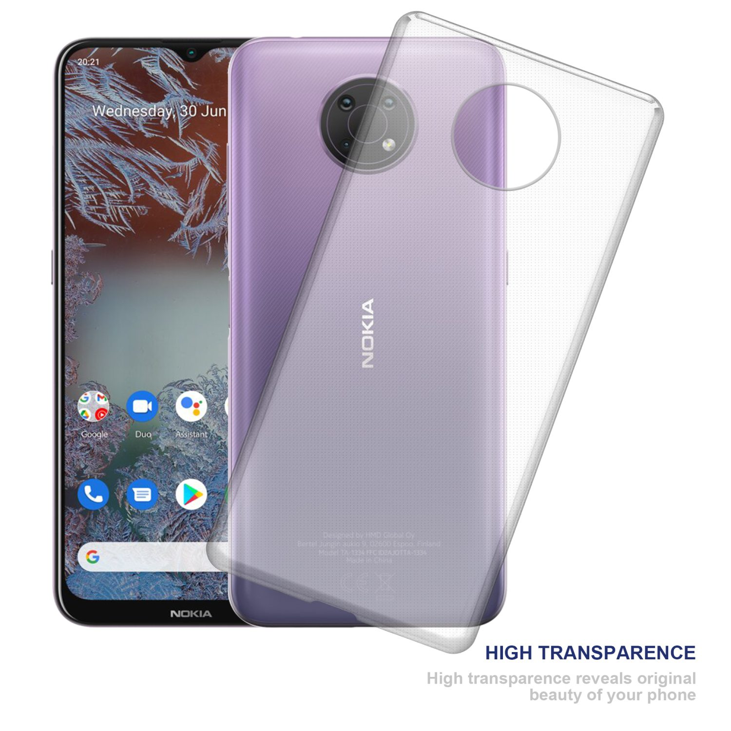 Lila Telefon mit transparenter Hülle. Das Telefon ist sichtbar. Text: HIGH TRANSPARENCE.