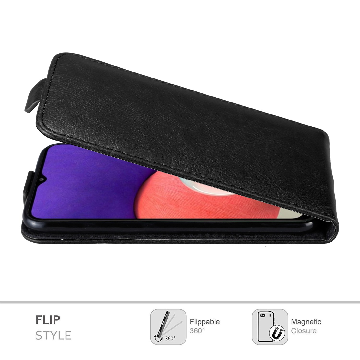 Custodia nera con schermo del telefono visibile e chiusura magnetica.
