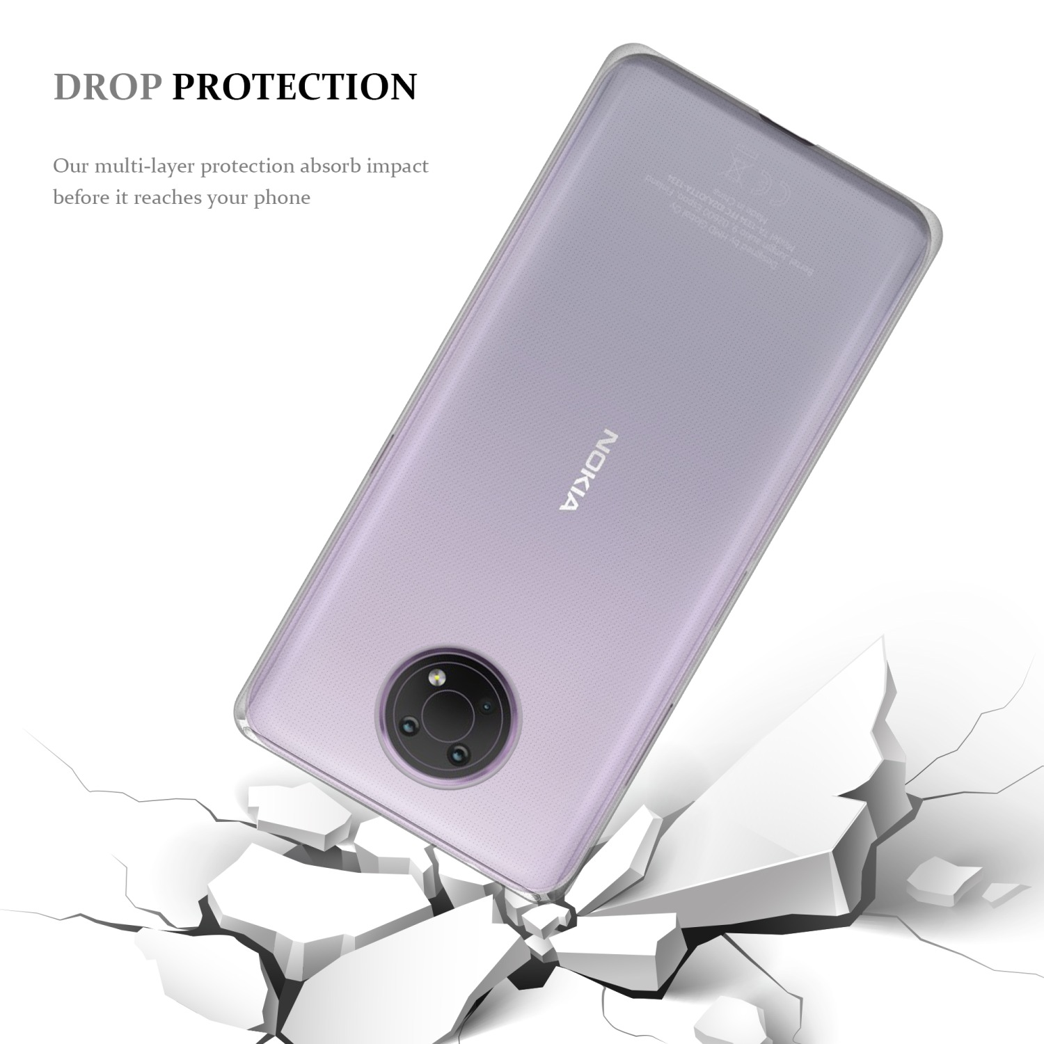 Nokia-Telefon in einer durchsichtigen Hülle, auf zerbrochenen Teilen liegend. Eine Schutzfunktion wird gezeigt.