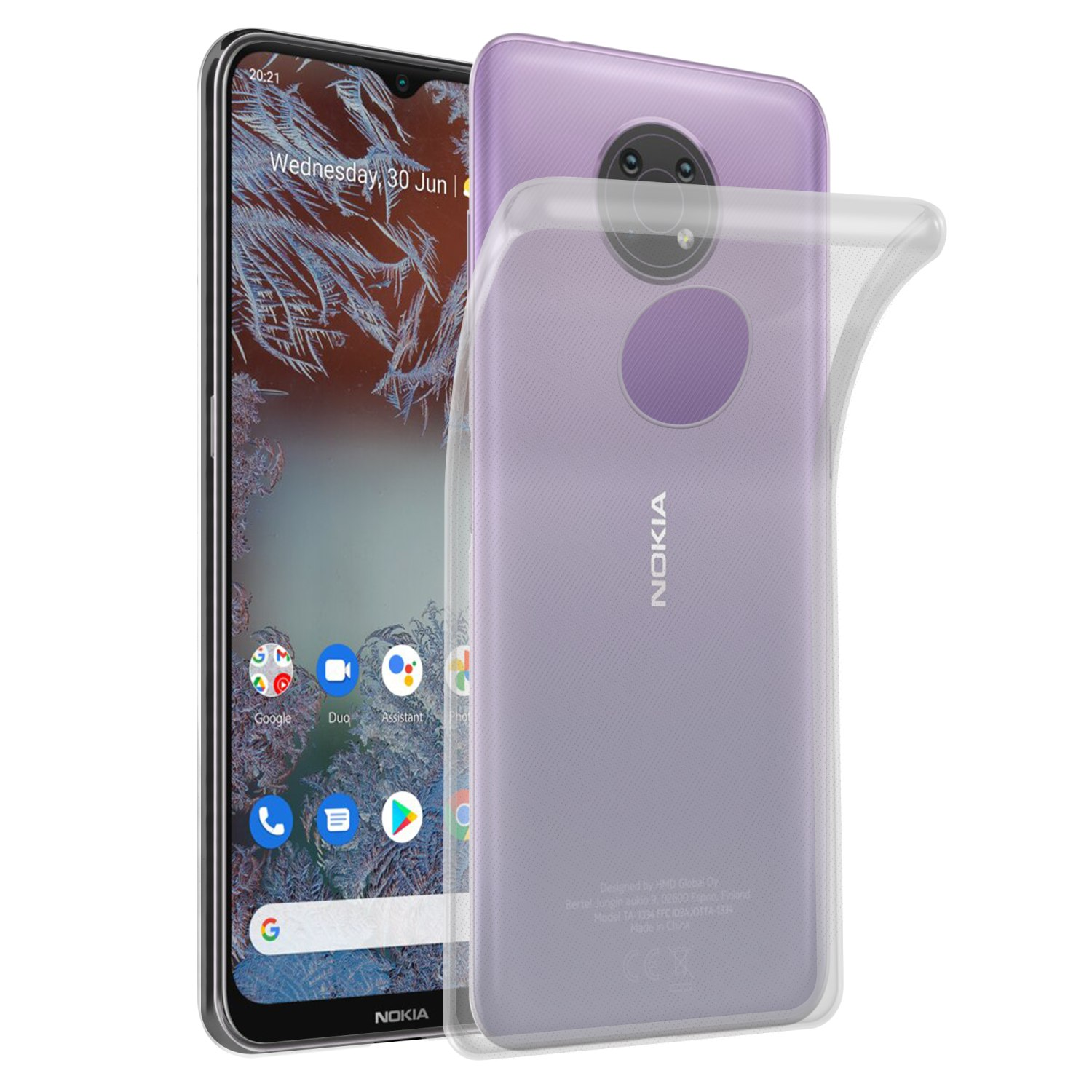 Lila Telefon mit durchsichtiger Hülle, zeigt den Bildschirm, mit Google- und Nokia-Logos.