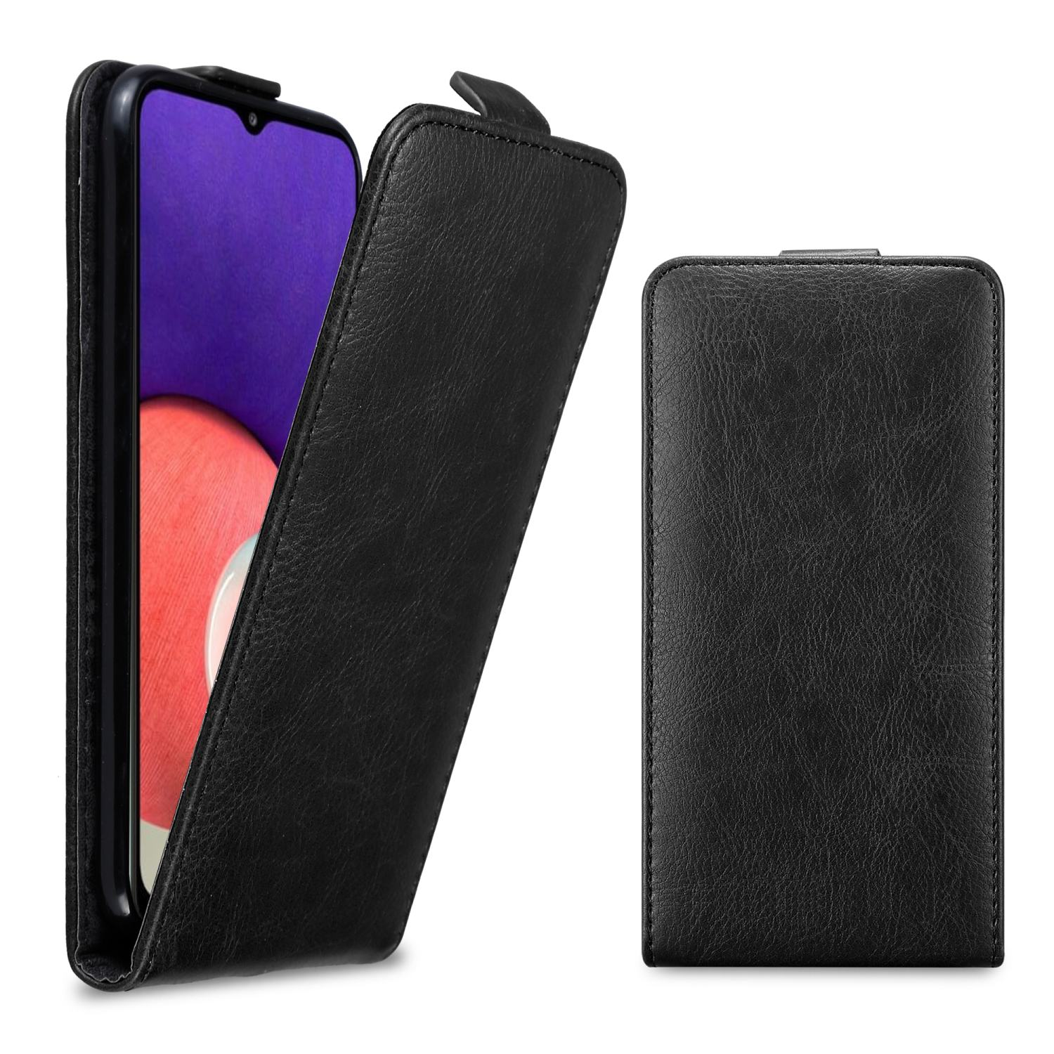 Custodia per telefono in pelle nera, telefono aperto con schermo viola.