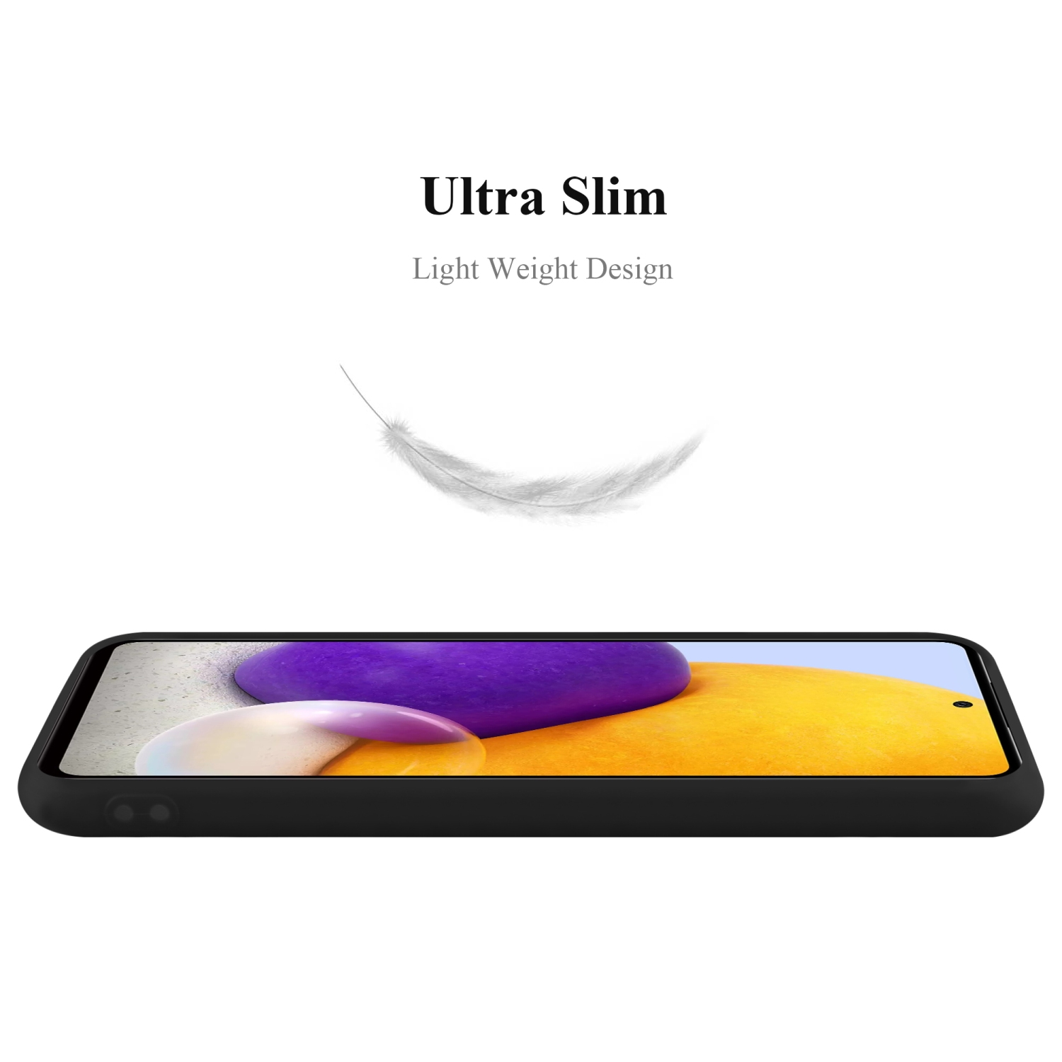 Custodia con telefono. Design ultrasottile e leggero. Piuma bianca che fluttua in aria.