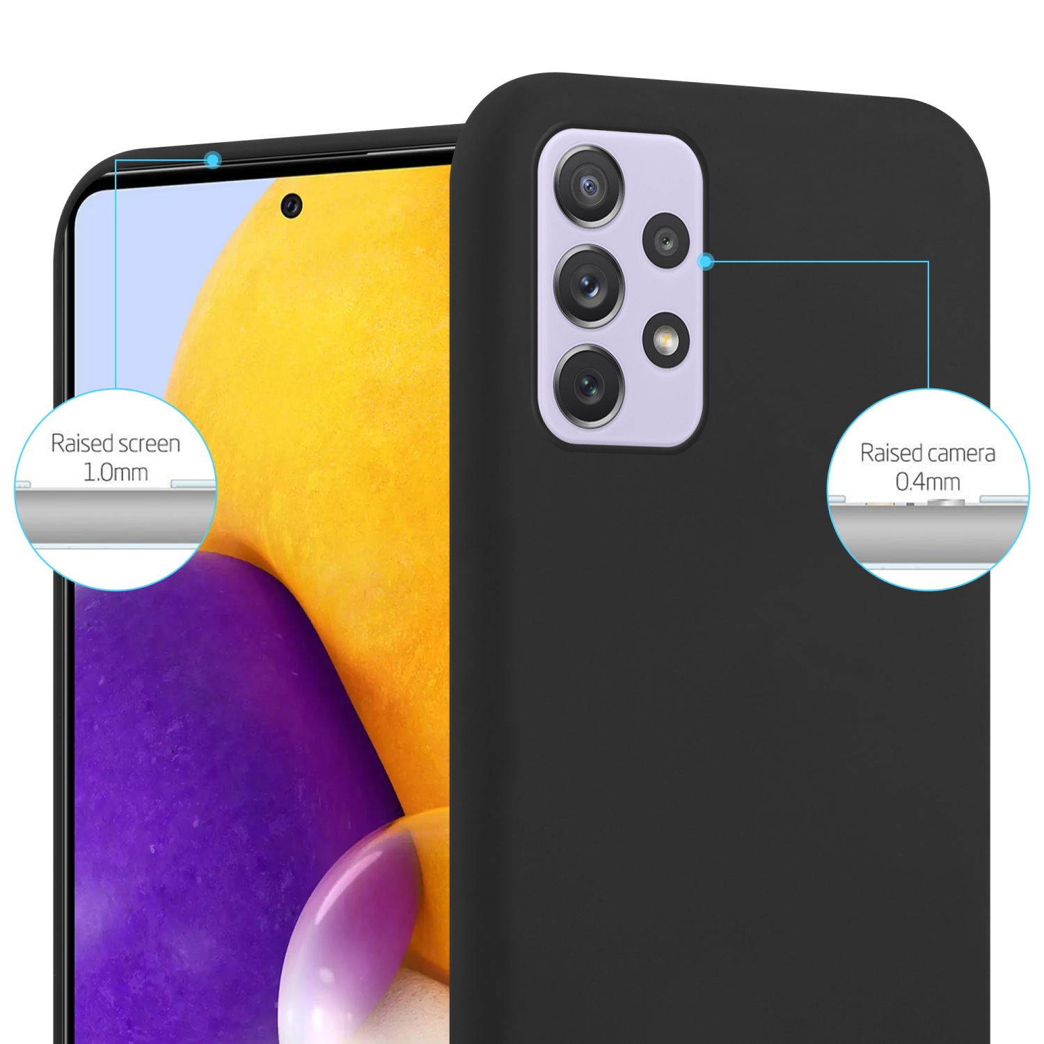Custodia per telefono nera con dettagli di protezione dello schermo e della fotocamera rialzati.