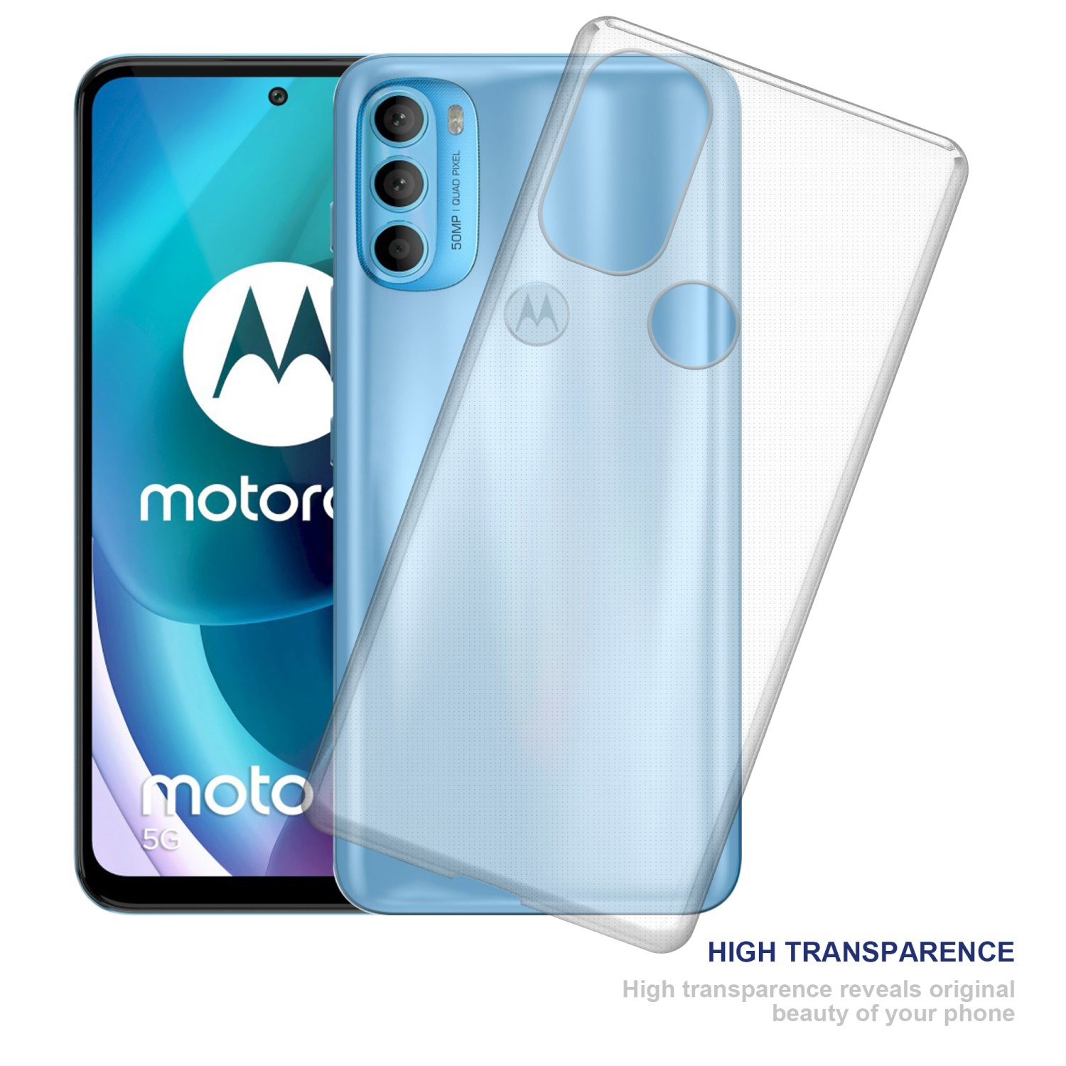 Ein Telefon mit klarer Hülle. Klare Hülle über blauem Telefon. Text: HOHE TRANSPARENZ, offenbart die ursprüngliche Schönheit des Telefons.