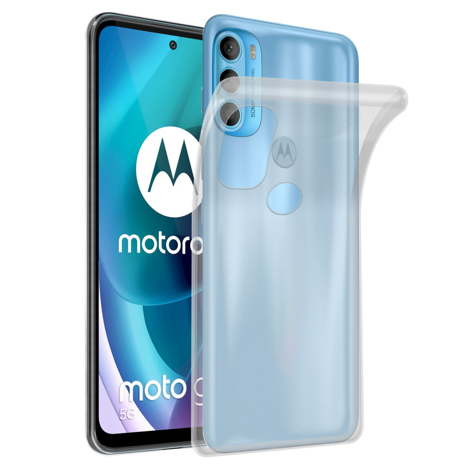 Transparente Handyhülle mit einem Telefon darin. Das Telefon ist blau und hat eine Kamera.