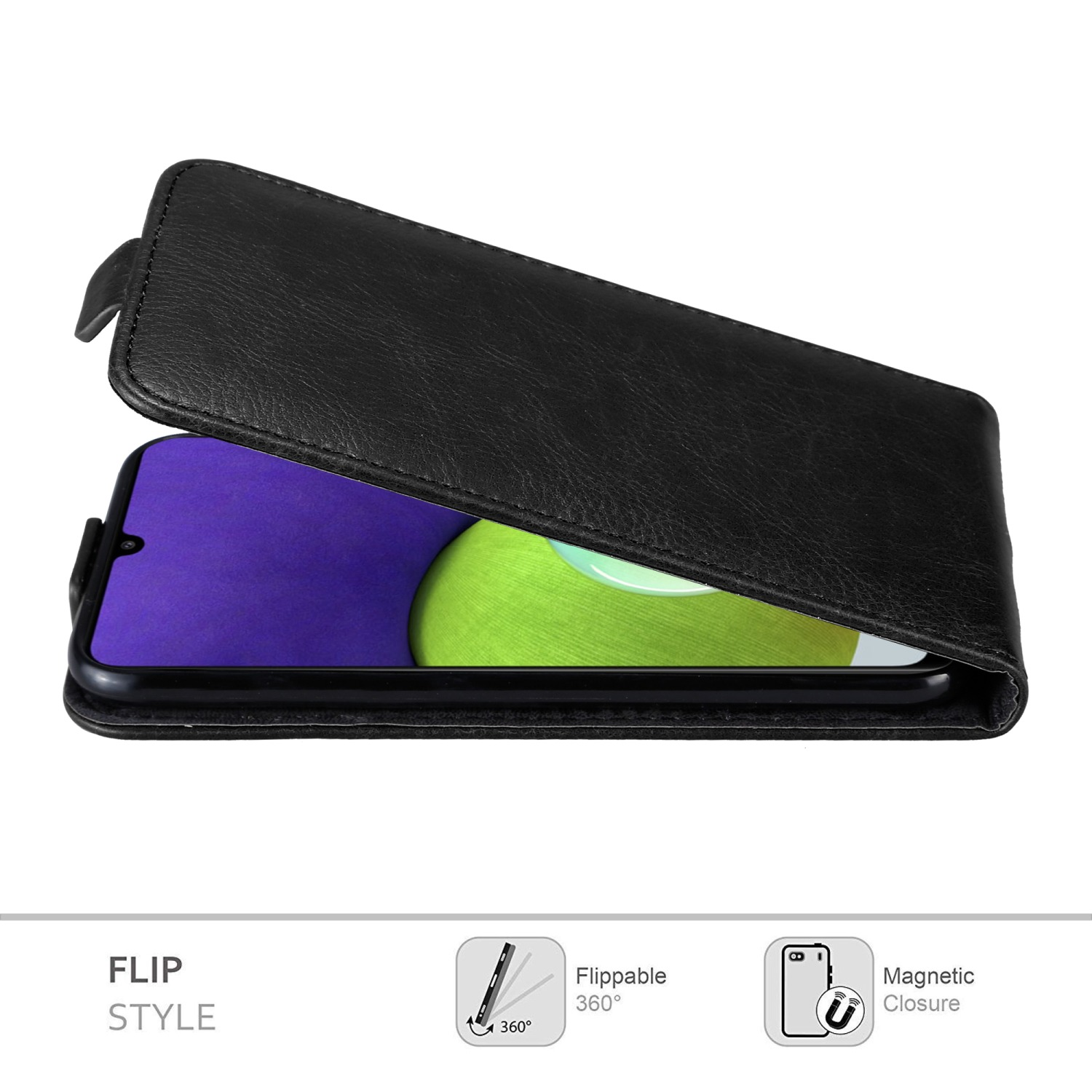 Custodia nera con flip aperto, che mostra lo schermo. Sfondo bianco, stile flip visualizzato.