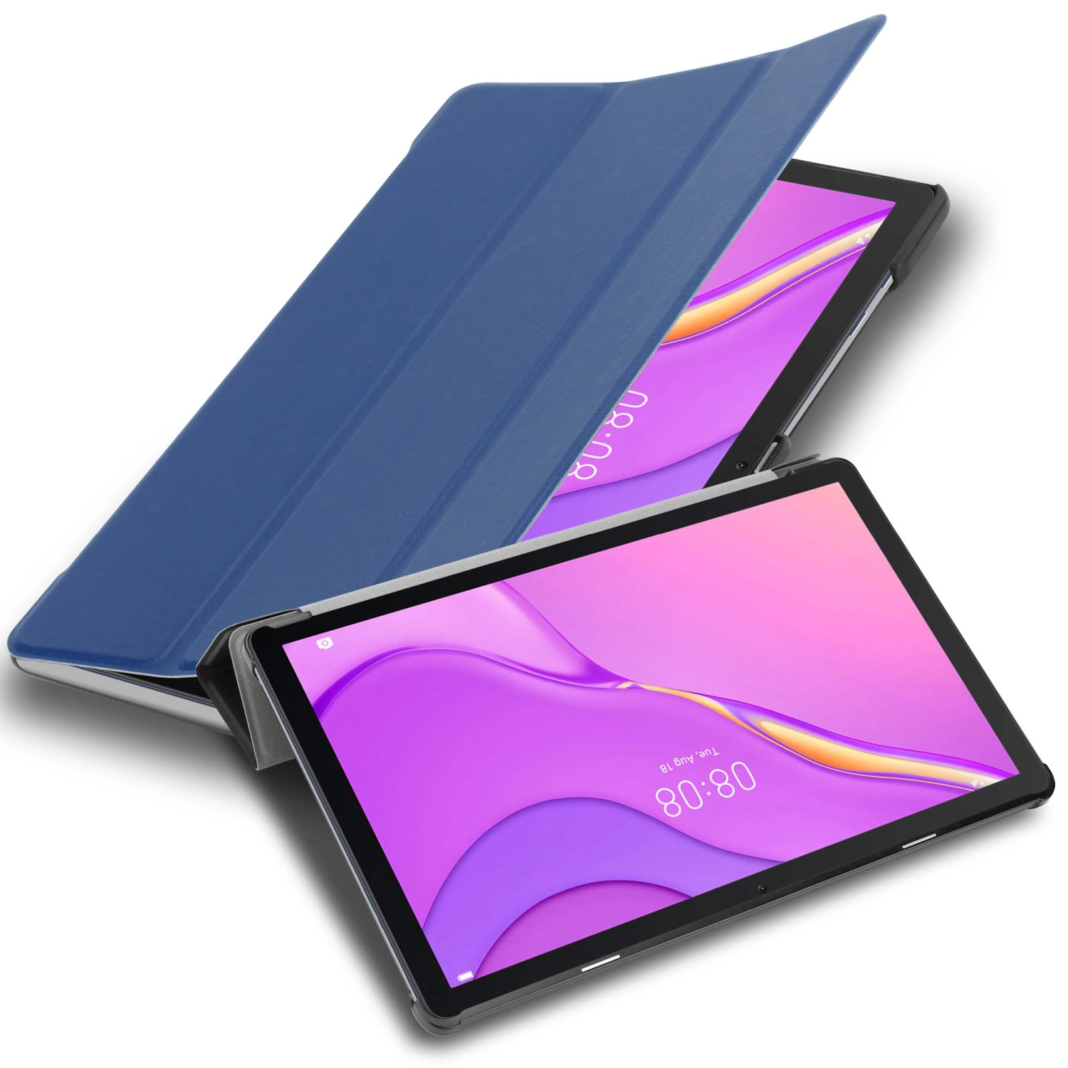 Custodia per tablet blu, aperta per mostrare un tablet. Il tablet ha uno schermo viola.