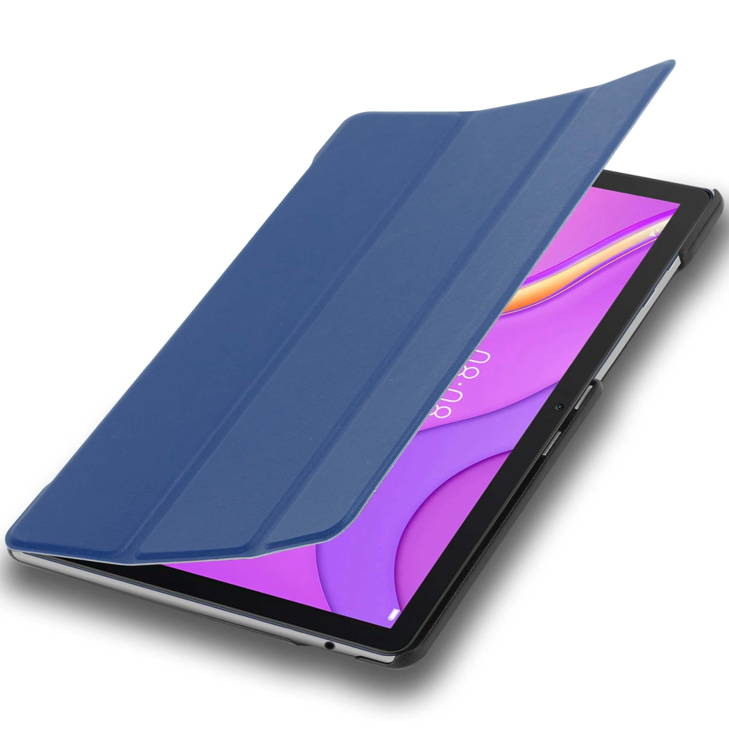 Una custodia blu per tablet, con il tablet aperto. Lo schermo del tablet mostra un'interfaccia viola.