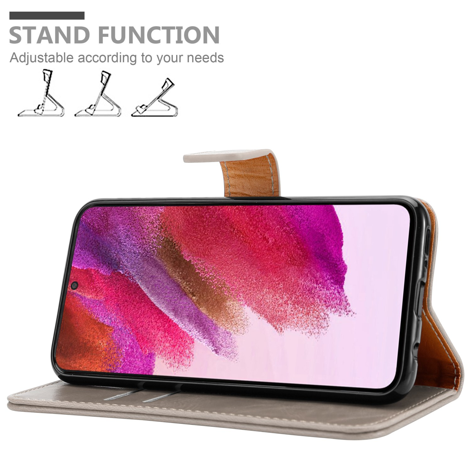 Telefono in una custodia grigia con supporto. Testo: Funzione supporto. Lo schermo mostra arte astratta colorata.