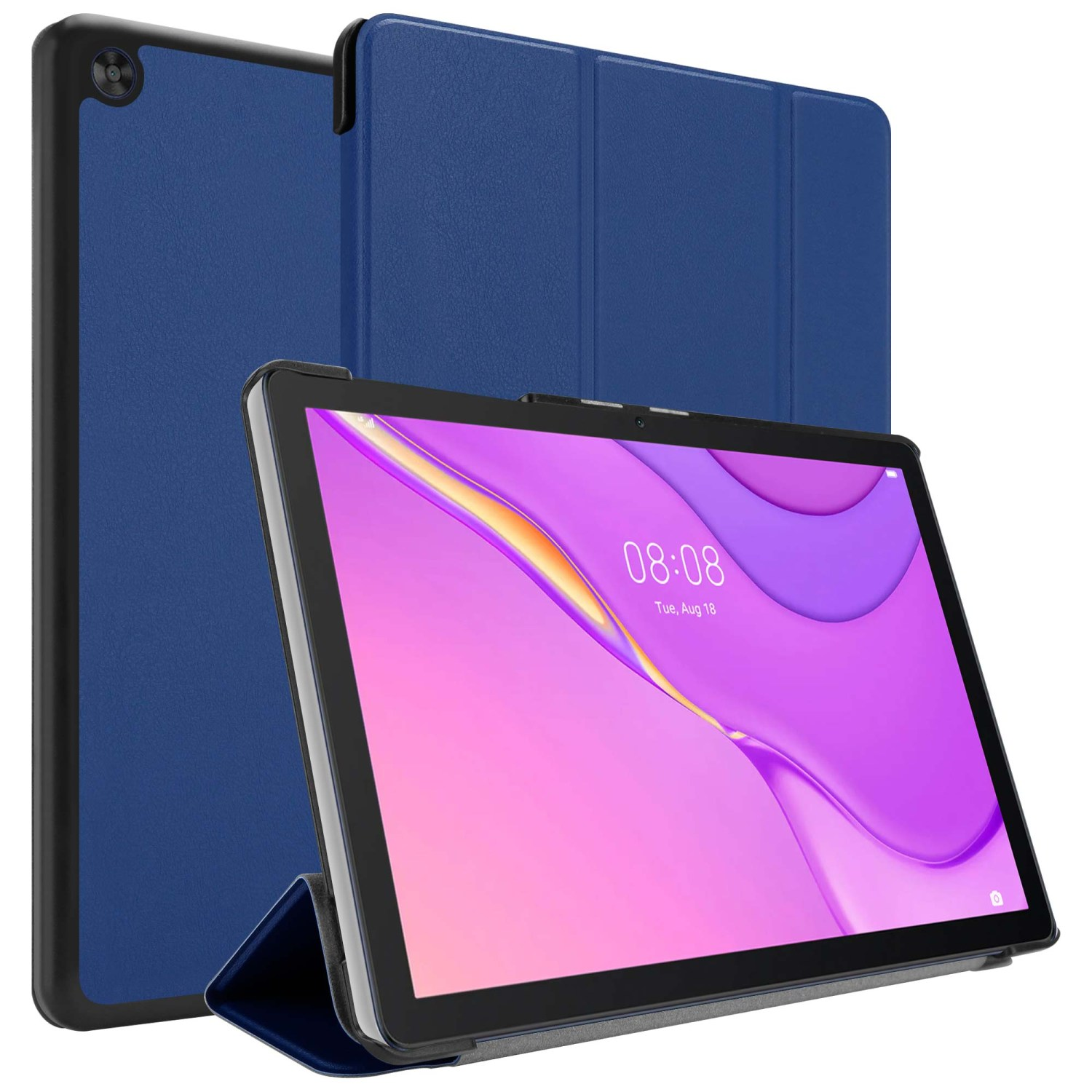 Custodia blu per tablet con tablet. Il tablet a destra, angolato, la custodia dietro.