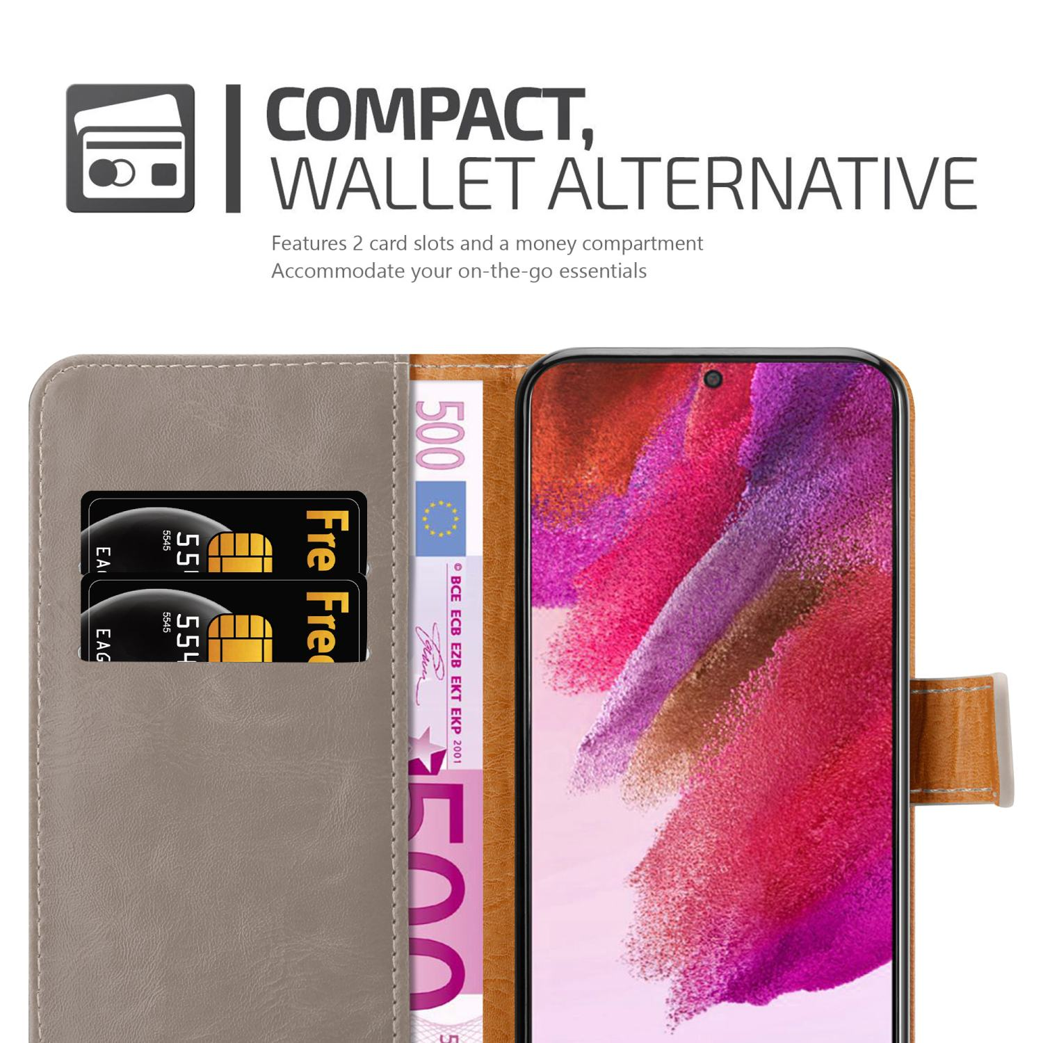 Una custodia per telefono con scomparti per carte e denaro e un telefono. Testo in alto: Compatto, alternativa al portafoglio.