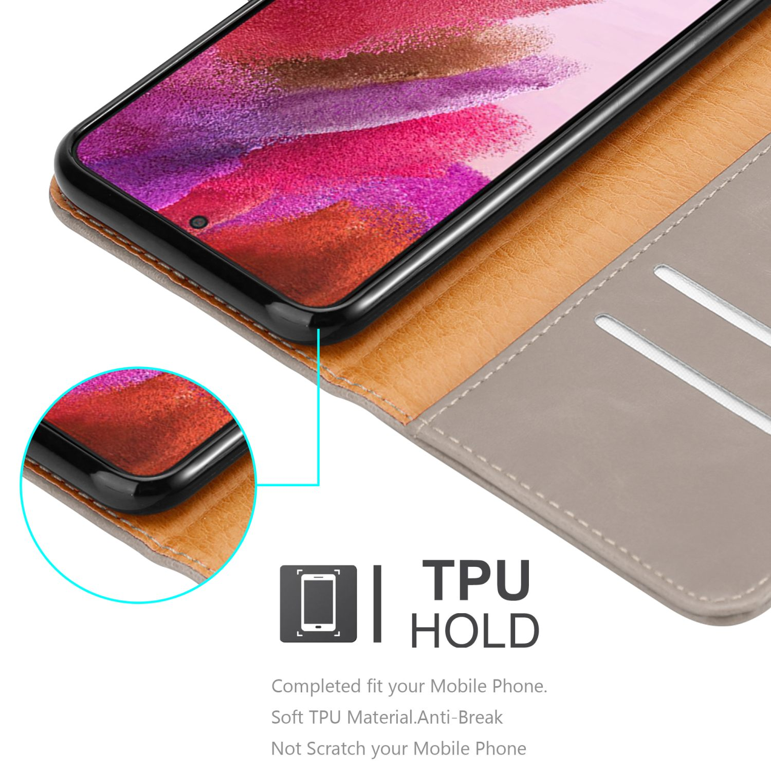 Telefono all'interno di una custodia, con un supporto in TPU. Il testo spiega che il materiale della custodia in TPU è morbido e anti-rottura.