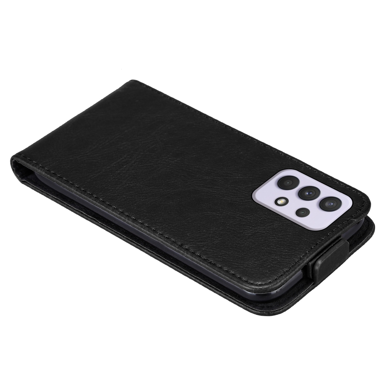 Custodia per telefono in pelle nera. Il telefono è visibile. Lo sfondo è bianco.